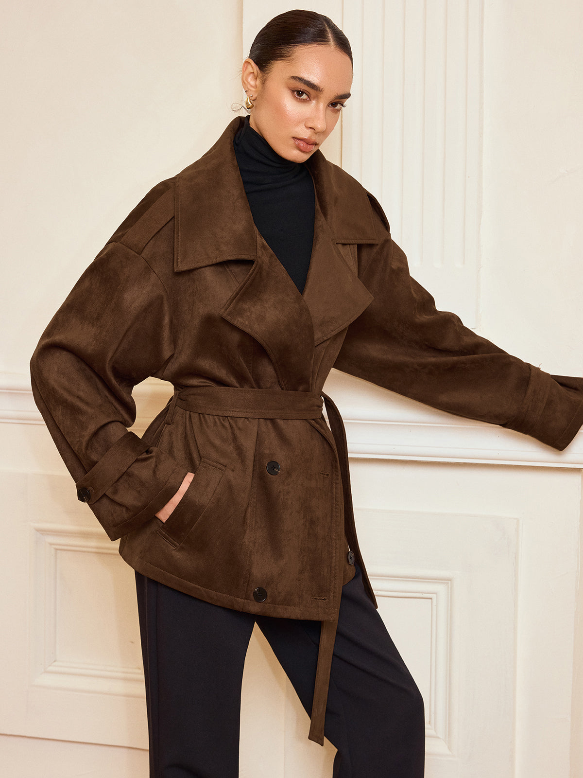 Lapel Suede Effect Belted Trench Coat-Chicvia
