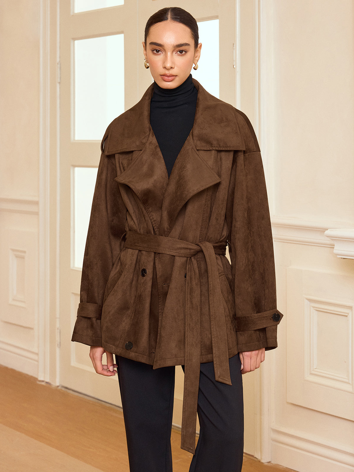 Lapel Suede Effect Belted Trench Coat-Chicvia