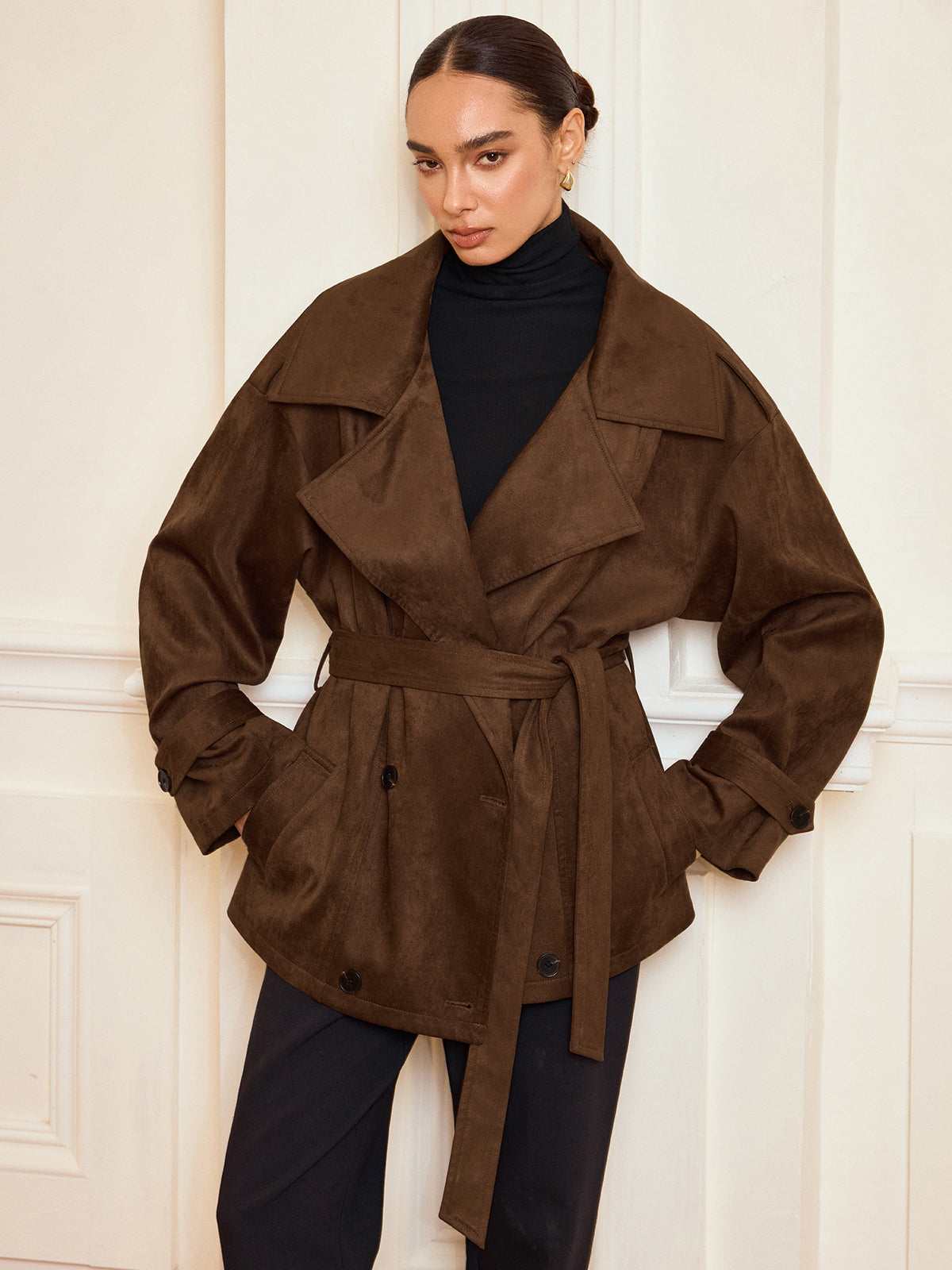 Lapel Suede Effect Belted Trench Coat-Chicvia