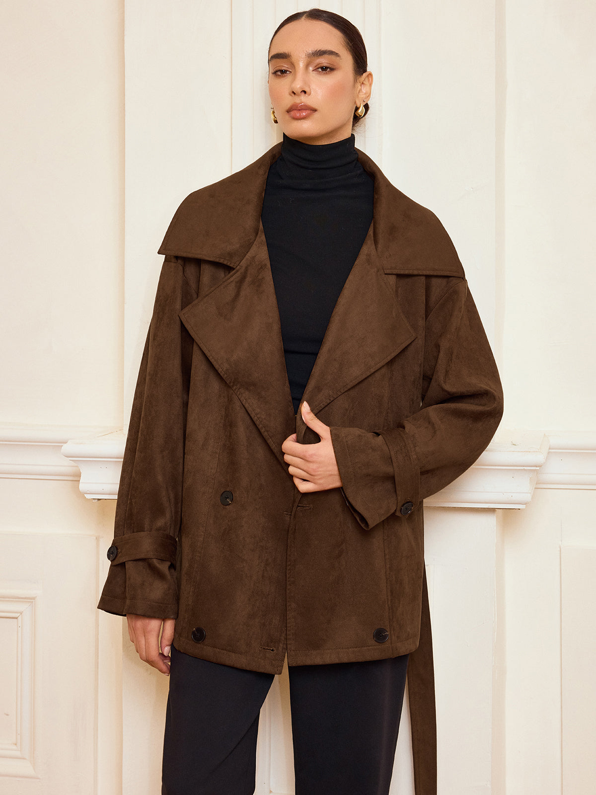 Lapel Suede Effect Belted Trench Coat-Chicvia