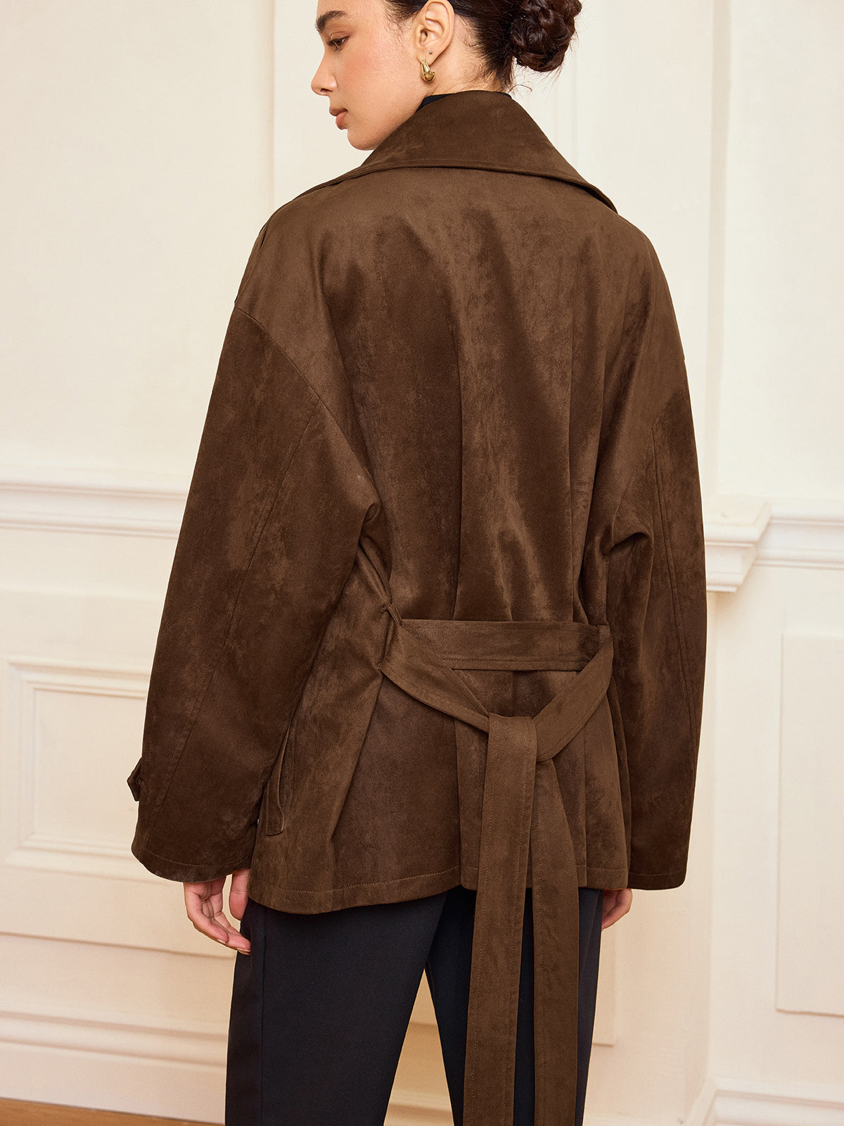 Lapel Suede Effect Belted Trench Coat-Chicvia