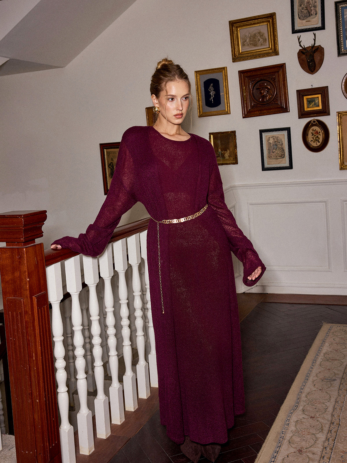 Knit Maxi Dress and Cardigan Two Piece Set without Belt-Chicvia