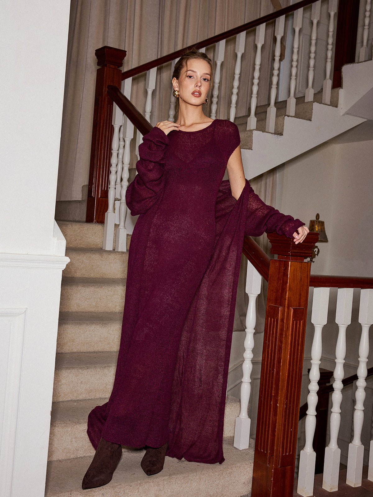 Knit Maxi Dress and Cardigan Two Piece Set without Belt-Chicvia