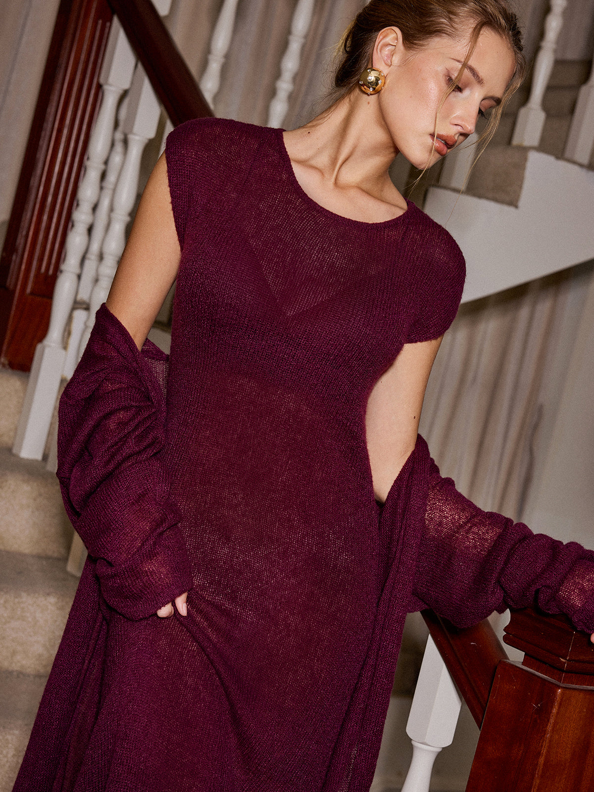 Knit Maxi Dress and Cardigan Two Piece Set without Belt-Chicvia