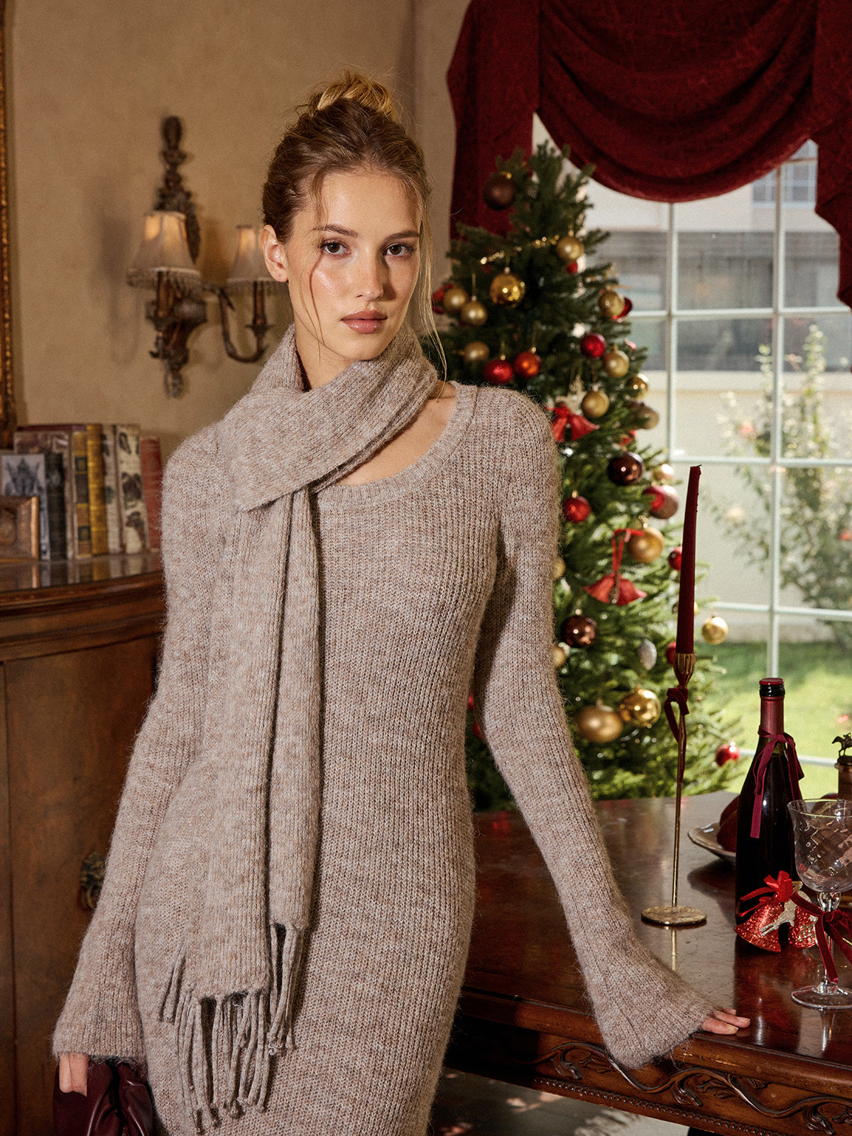 Long Sleeve Knit Maxi Dress with Scarf-Chicvia