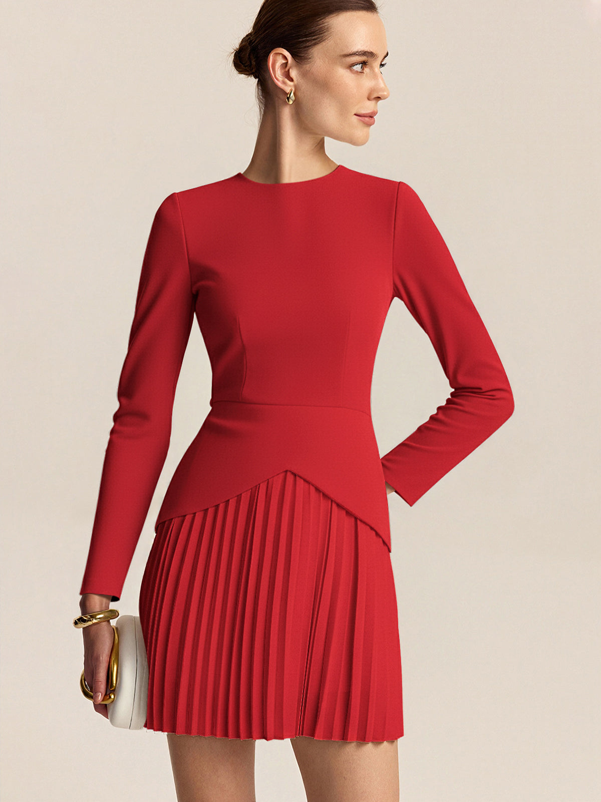 Long Sleeve Color-Block Pleated Dress-Chicvia