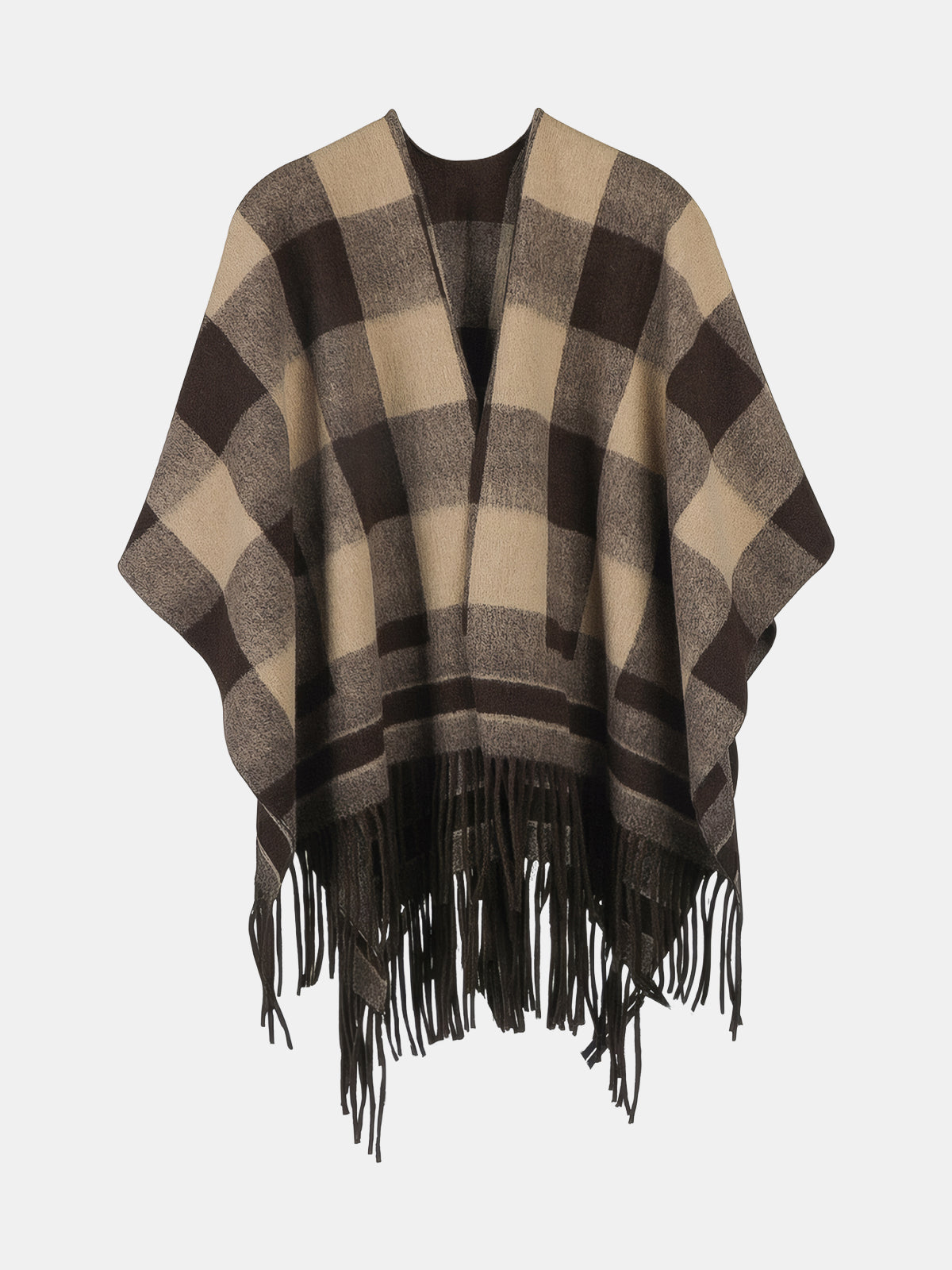Plaid Fringed Poncho-Chicvia