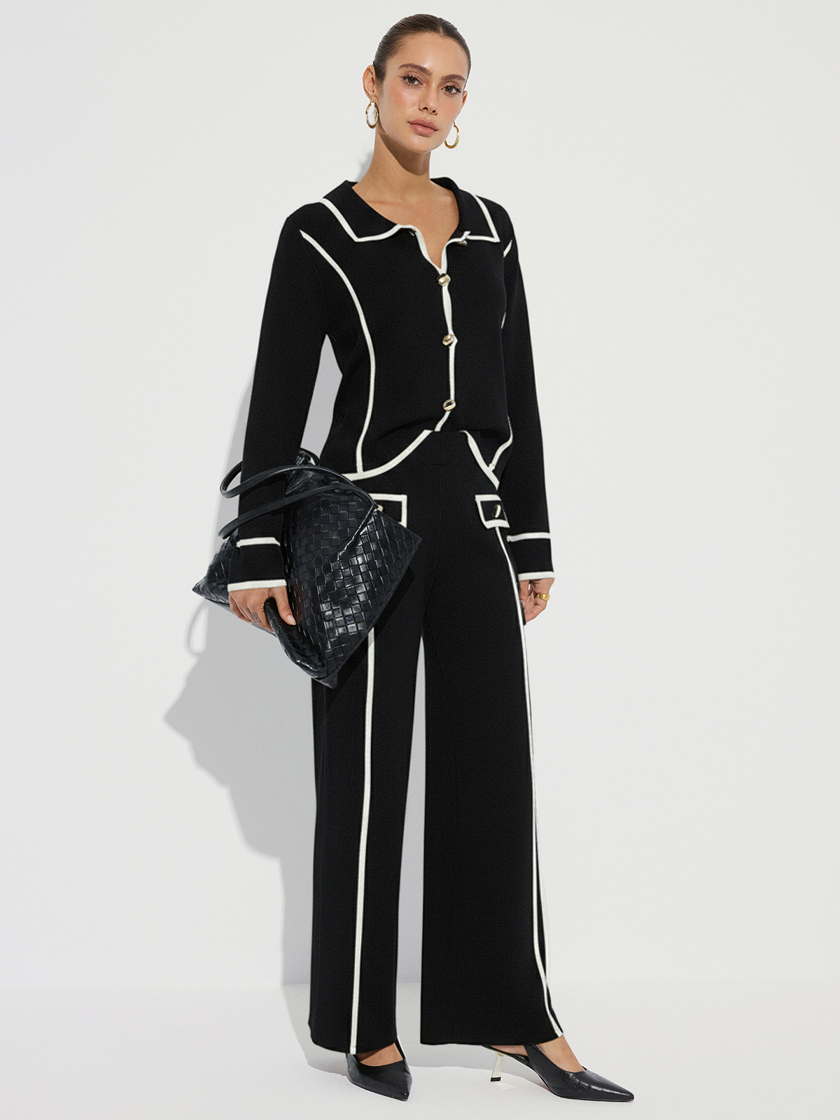 Contrast Piping Cotton Knit Co-ord Set-Chicvia