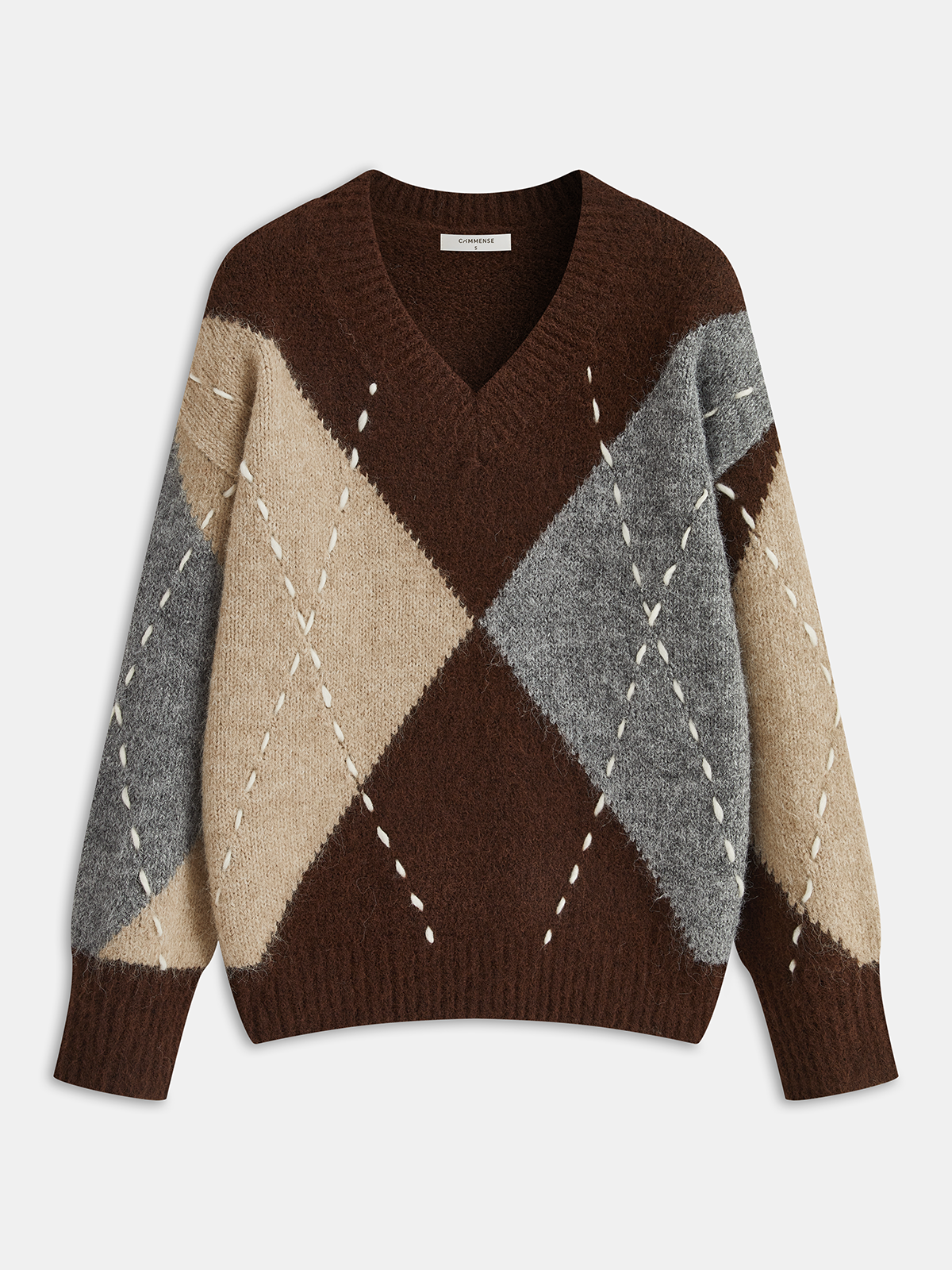 Colorblock Gingham Plaid V-Neck Knit Sweater-Chicvia