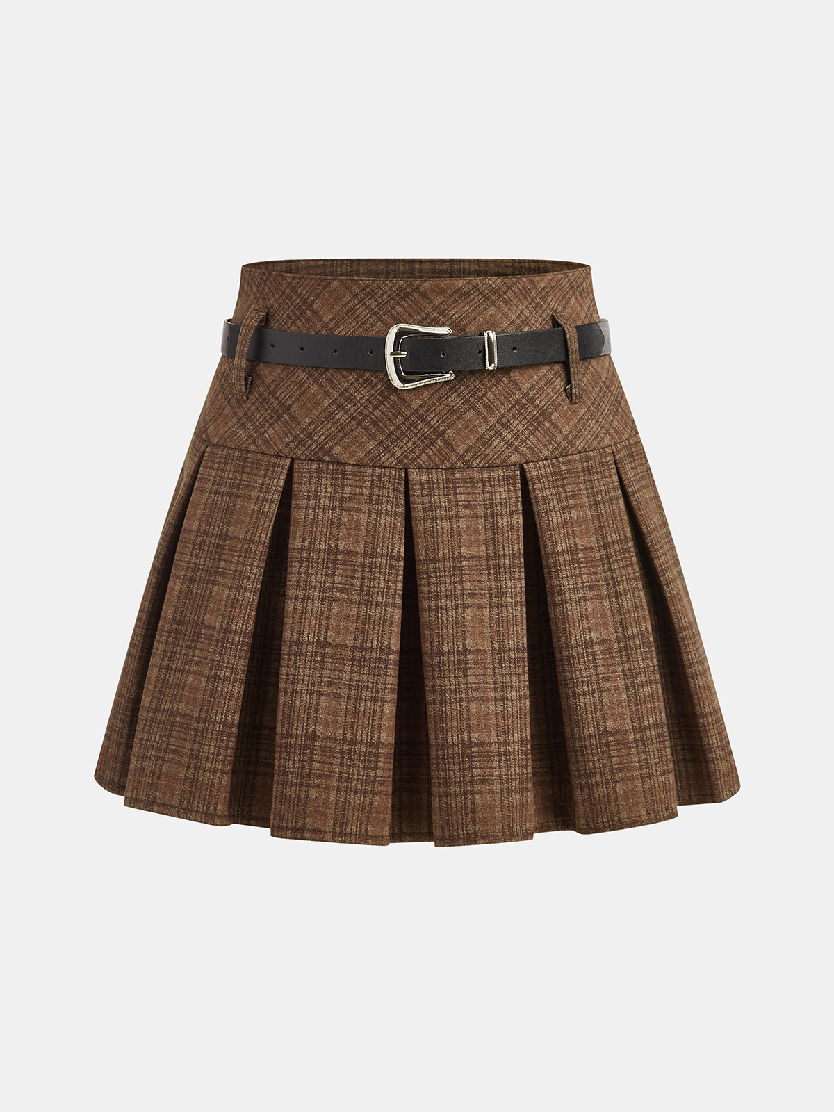 Belted Pleated Plaid Mini Skirt-Chicvia