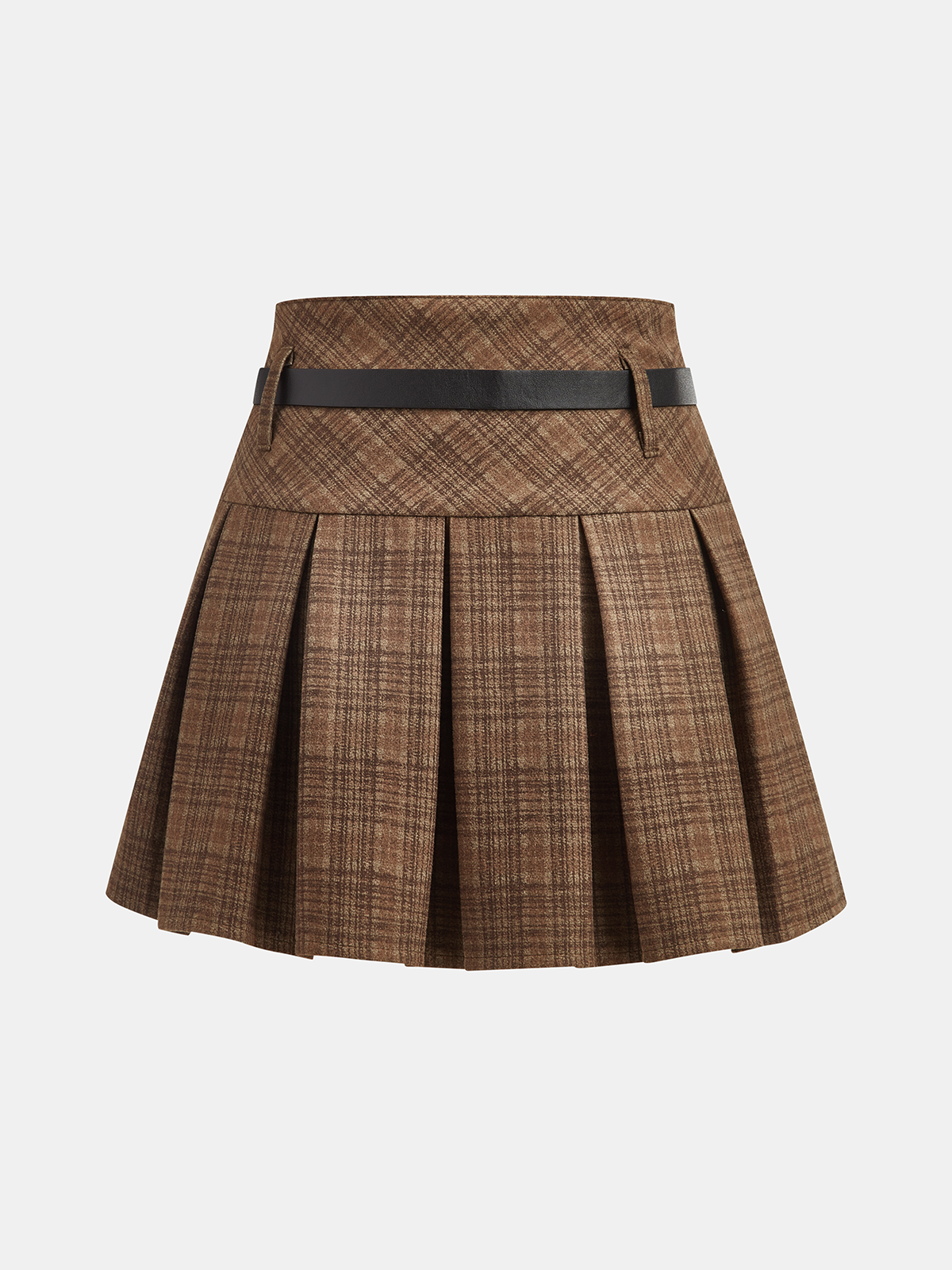 Belted Pleated Plaid Mini Skirt-Chicvia