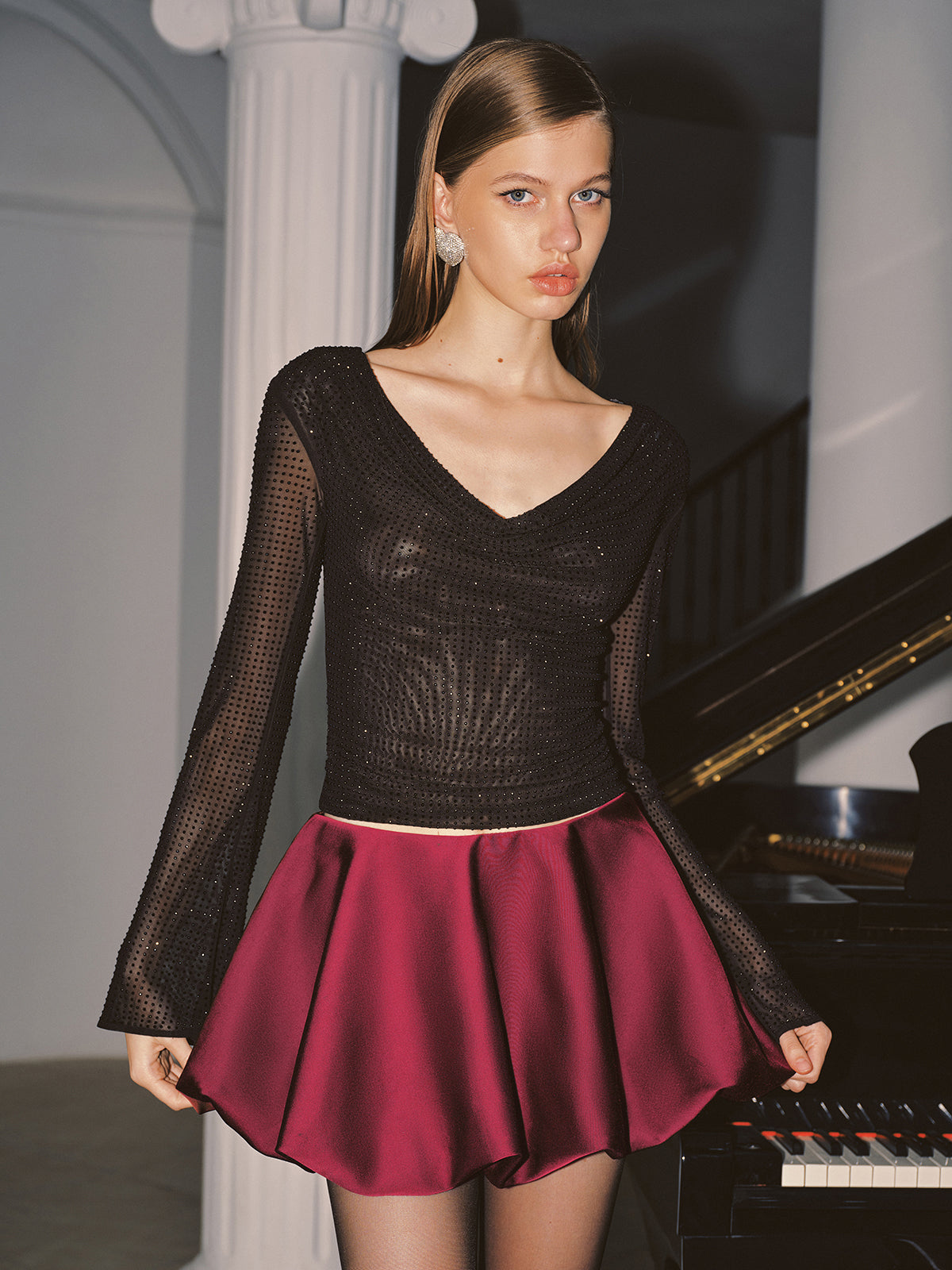 Cowl Neck Rhinestone Long Sleeve Top-Chicvia