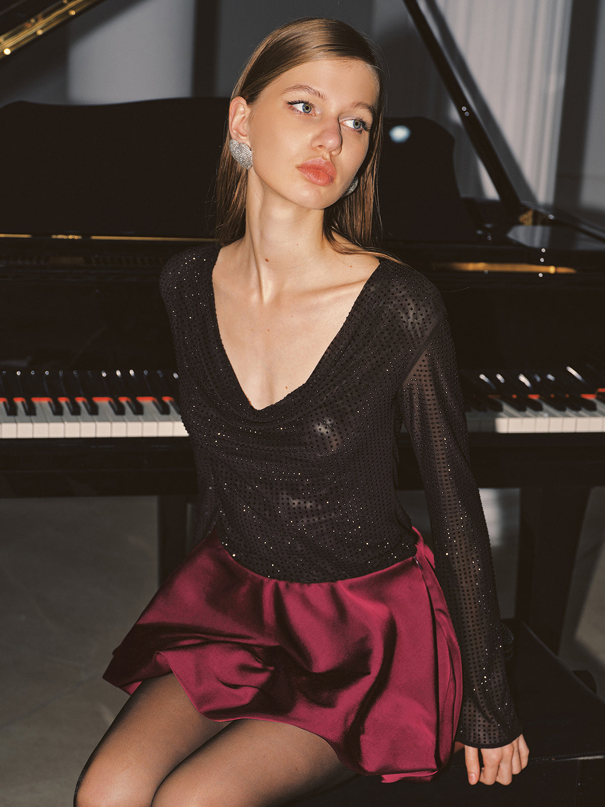 Cowl Neck Rhinestone Long Sleeve Top-Chicvia