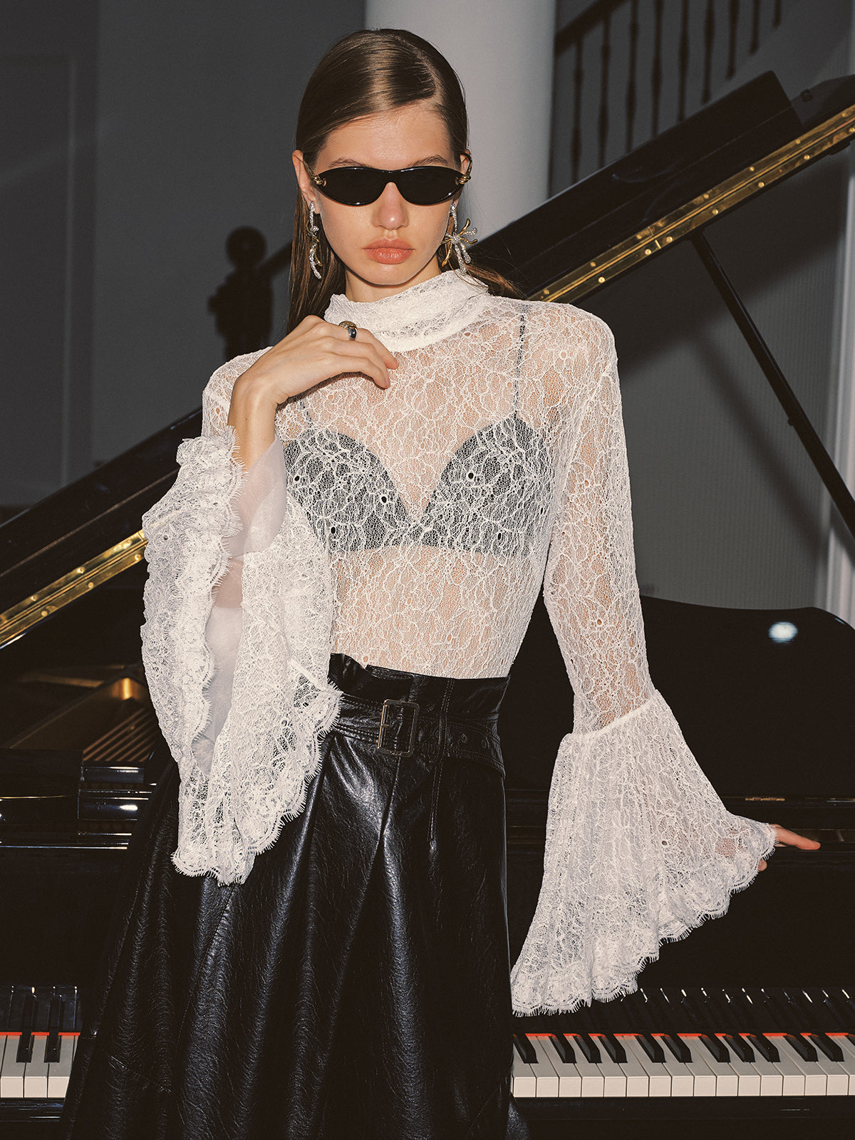 Lace High Neck Bell Sleeve Top-Chicvia