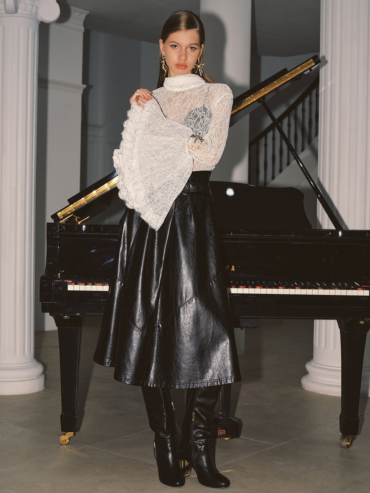 Lace High Neck Bell Sleeve Top-Chicvia