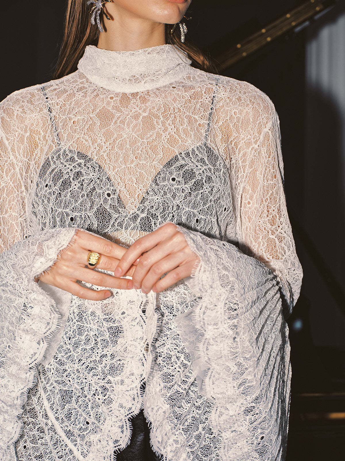 Lace High Neck Bell Sleeve Top-Chicvia