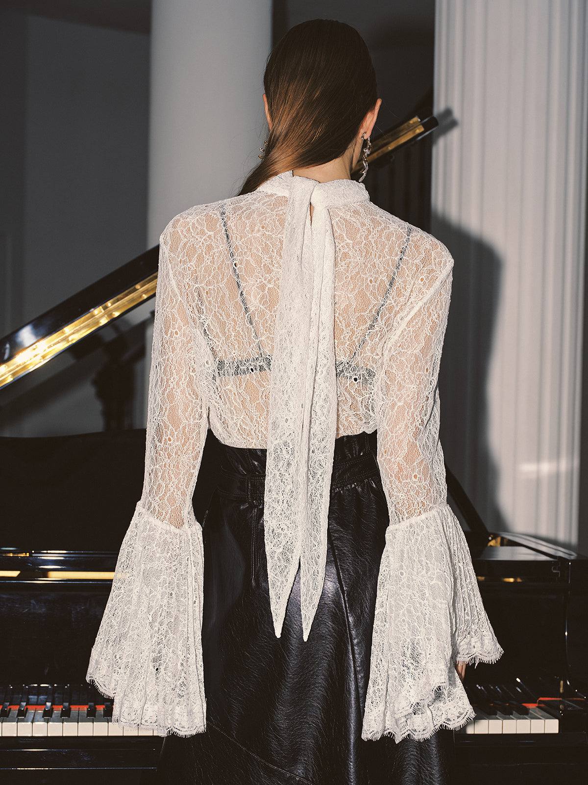 Lace High Neck Bell Sleeve Top-Chicvia