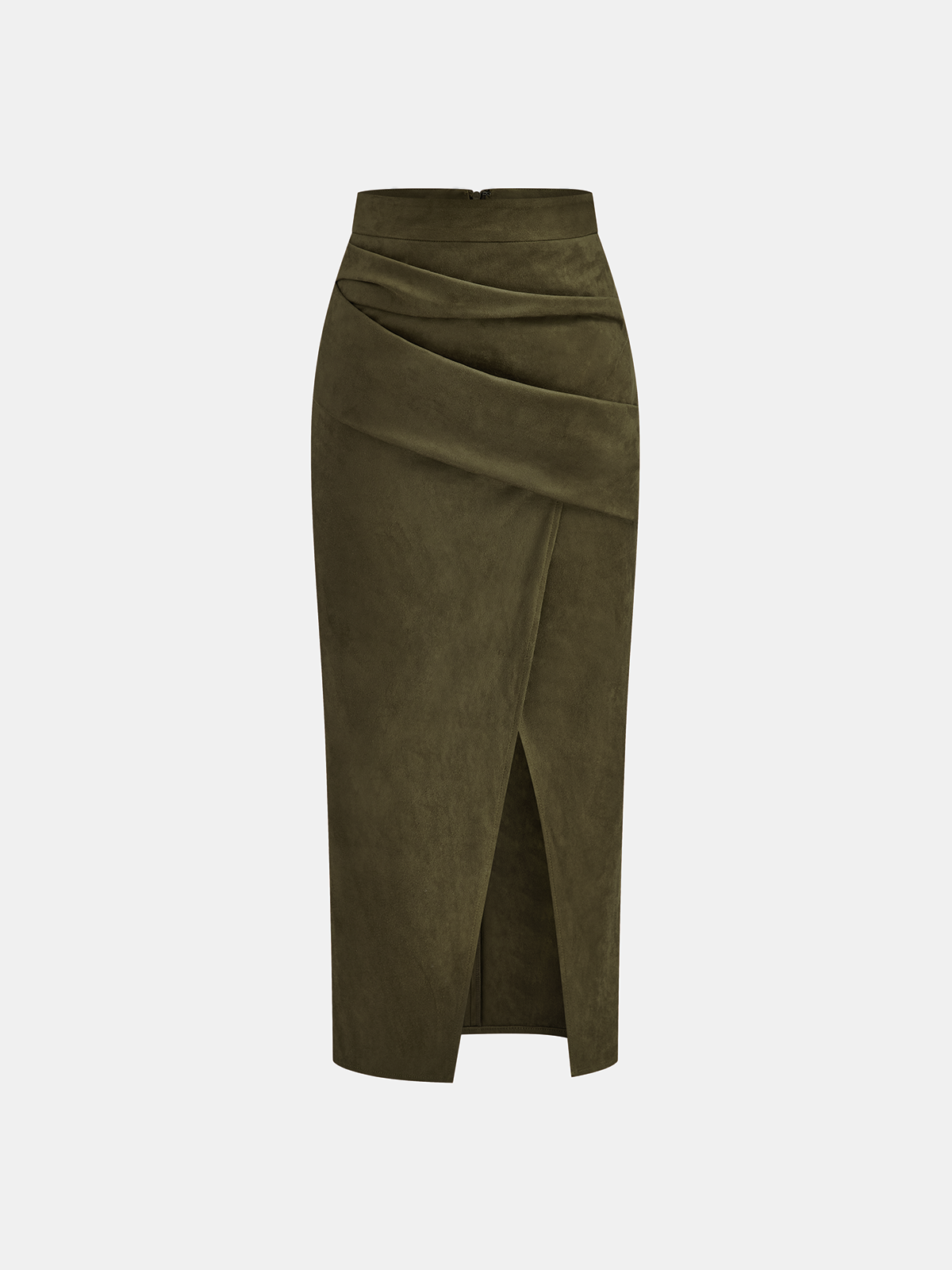 Draped Slit Suede Effect Midi Skirt-Chicvia