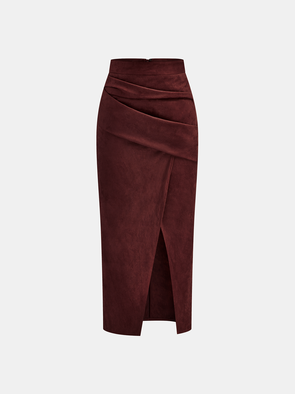 Draped Slit Suede Effect Midi Skirt-Chicvia