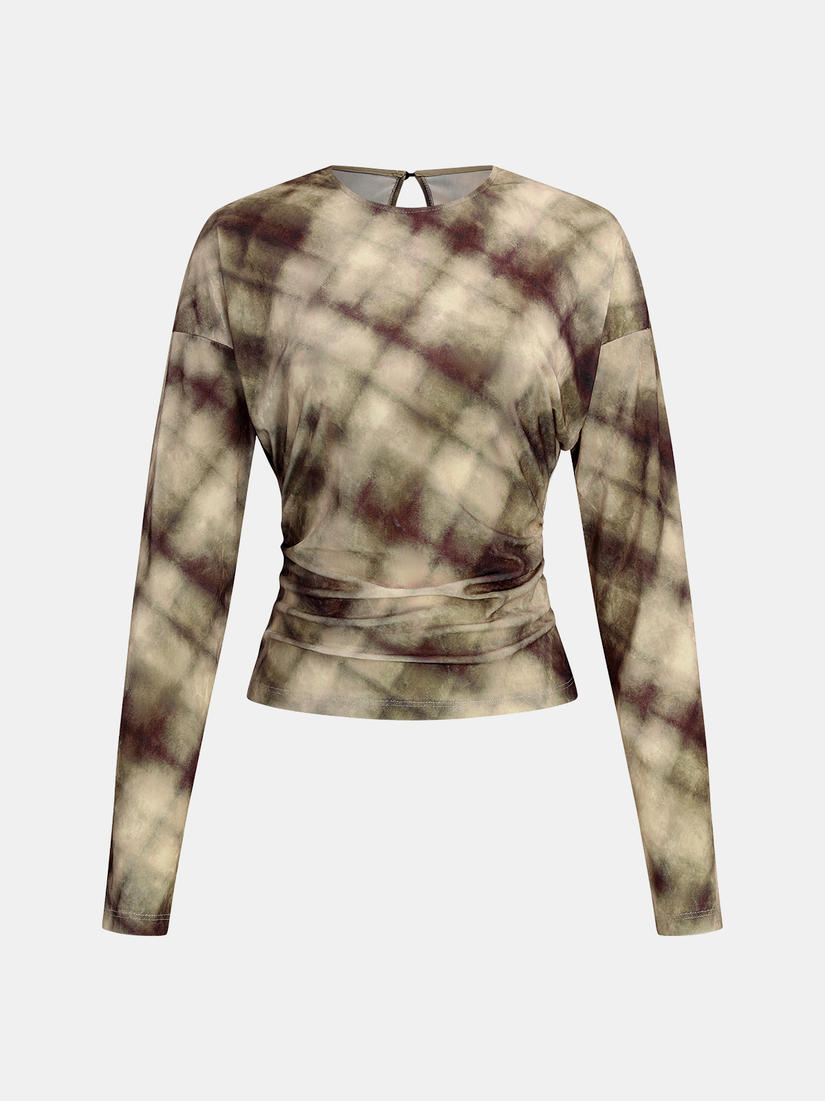 Plaid Velvet Ruched Long-Sleeve Top-Chicvia