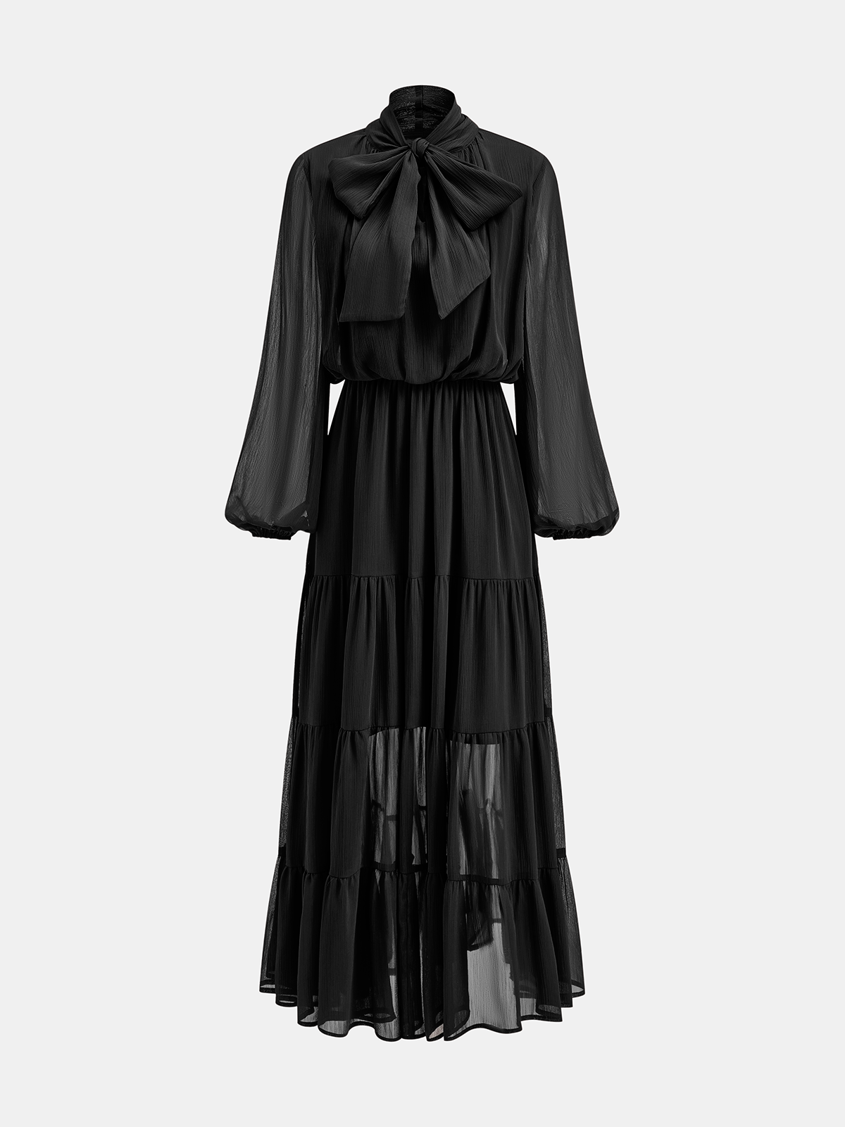 Chiffon Bow Long Sleeve Maxi Dress-Chicvia