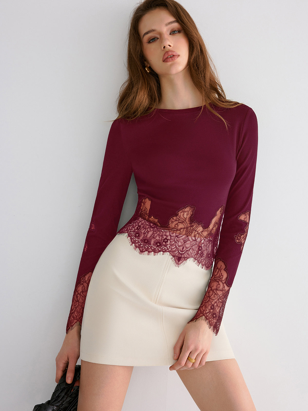 Lace Hem Long Sleeve Top-Chicvia