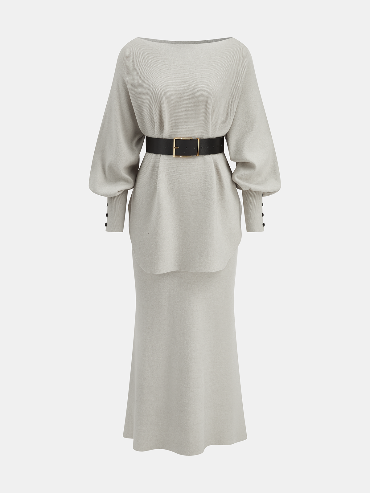 Belted Puff-Sleeve Top and Mermaid Skirt Set-Chicvia