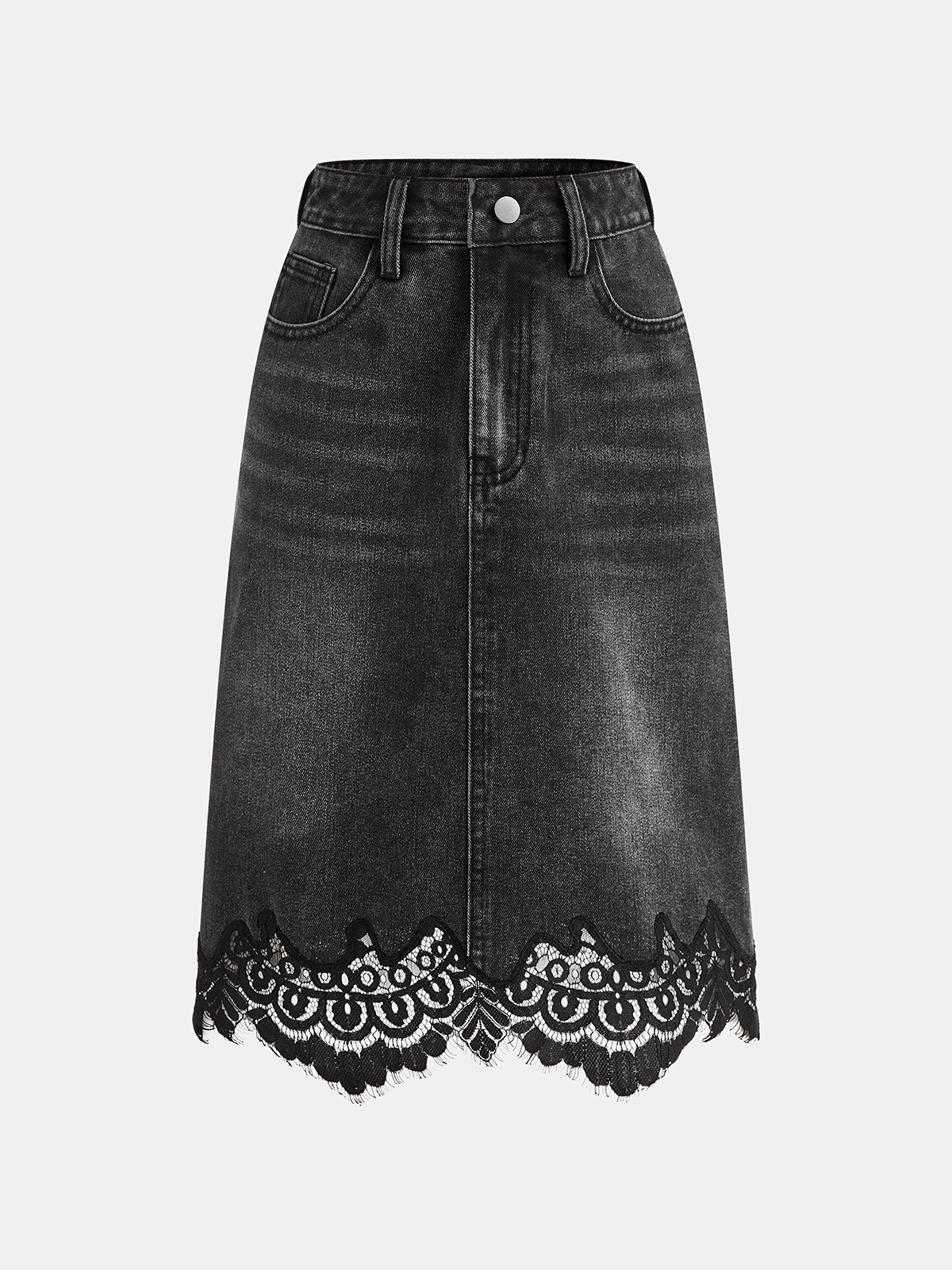 Lace Hem Denim Midi Skirt-Chicvia