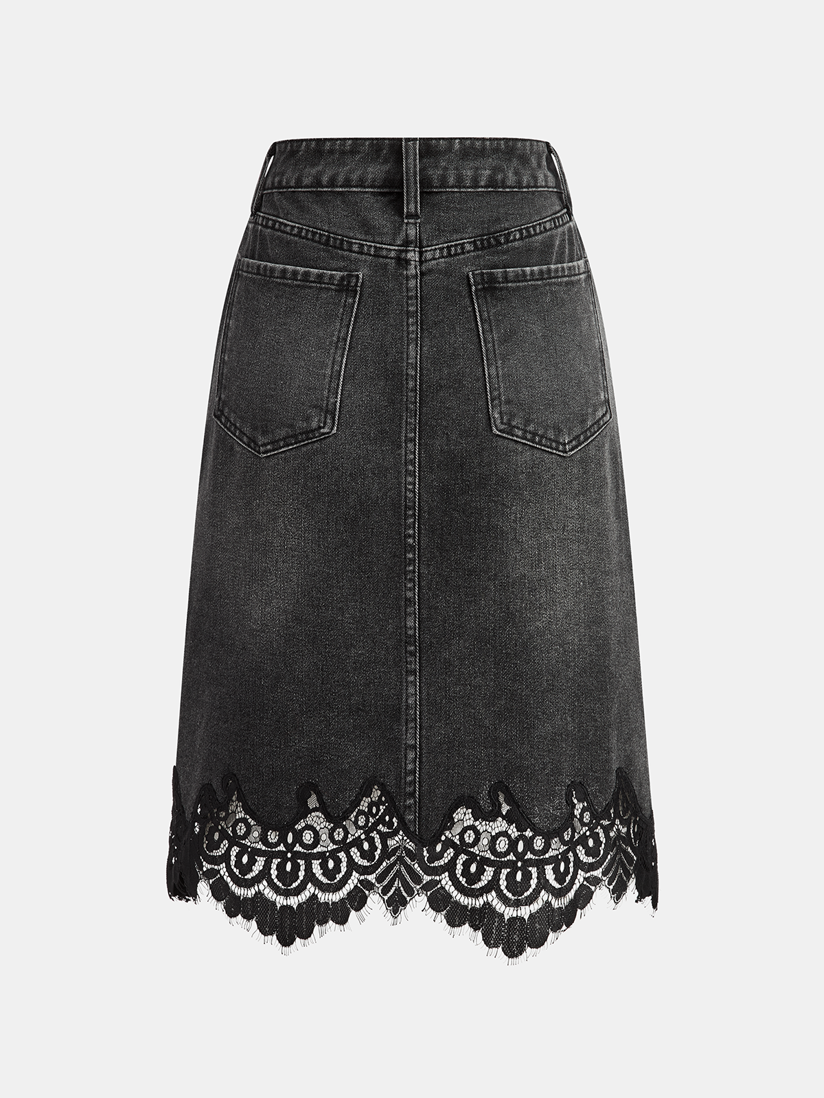 Lace Hem Denim Midi Skirt-Chicvia