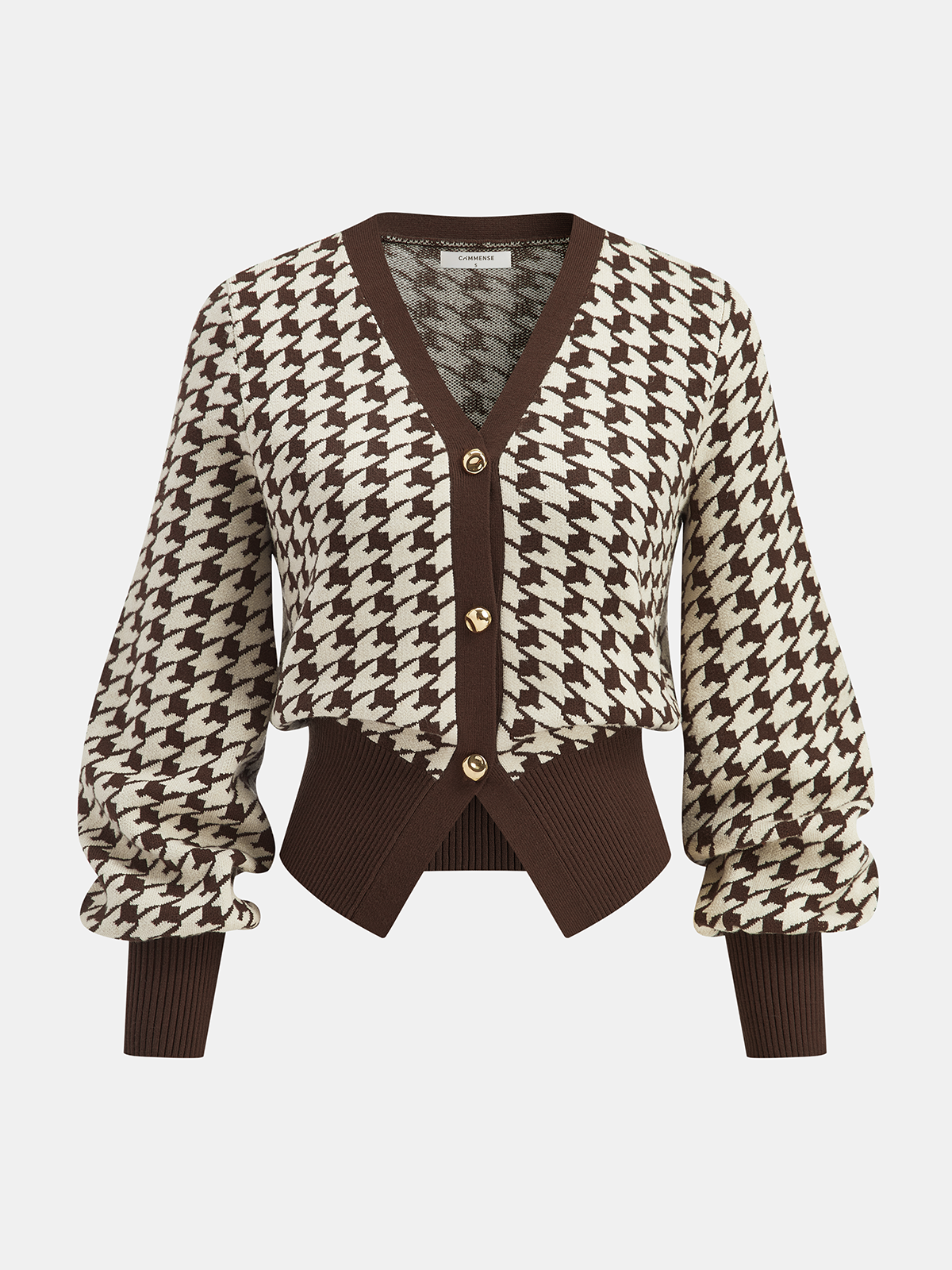 Houndstooth Puff-Sleeve Cropped Knit Cardigan-Chicvia