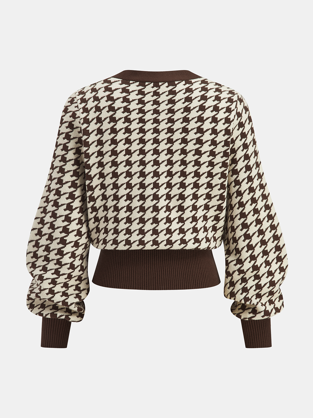 Houndstooth Puff-Sleeve Cropped Knit Cardigan-Chicvia