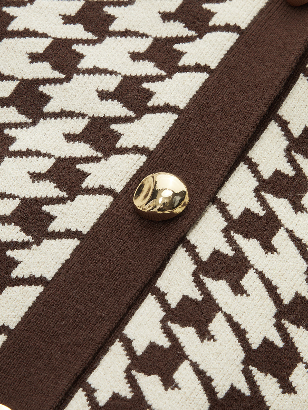 Houndstooth Puff-Sleeve Cropped Knit Cardigan-Chicvia