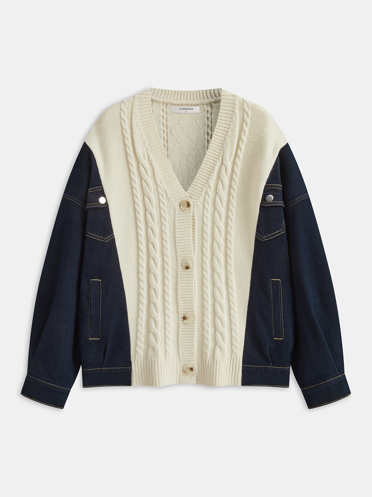Denim Panel Cable Knit V-Neck Cardigan-Chicvia