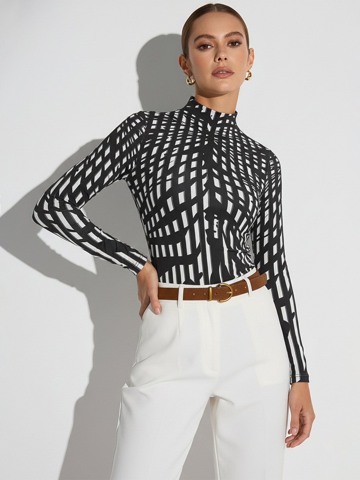 Geometric Print Mock Neck Long-Sleeve Top-Chicvia
