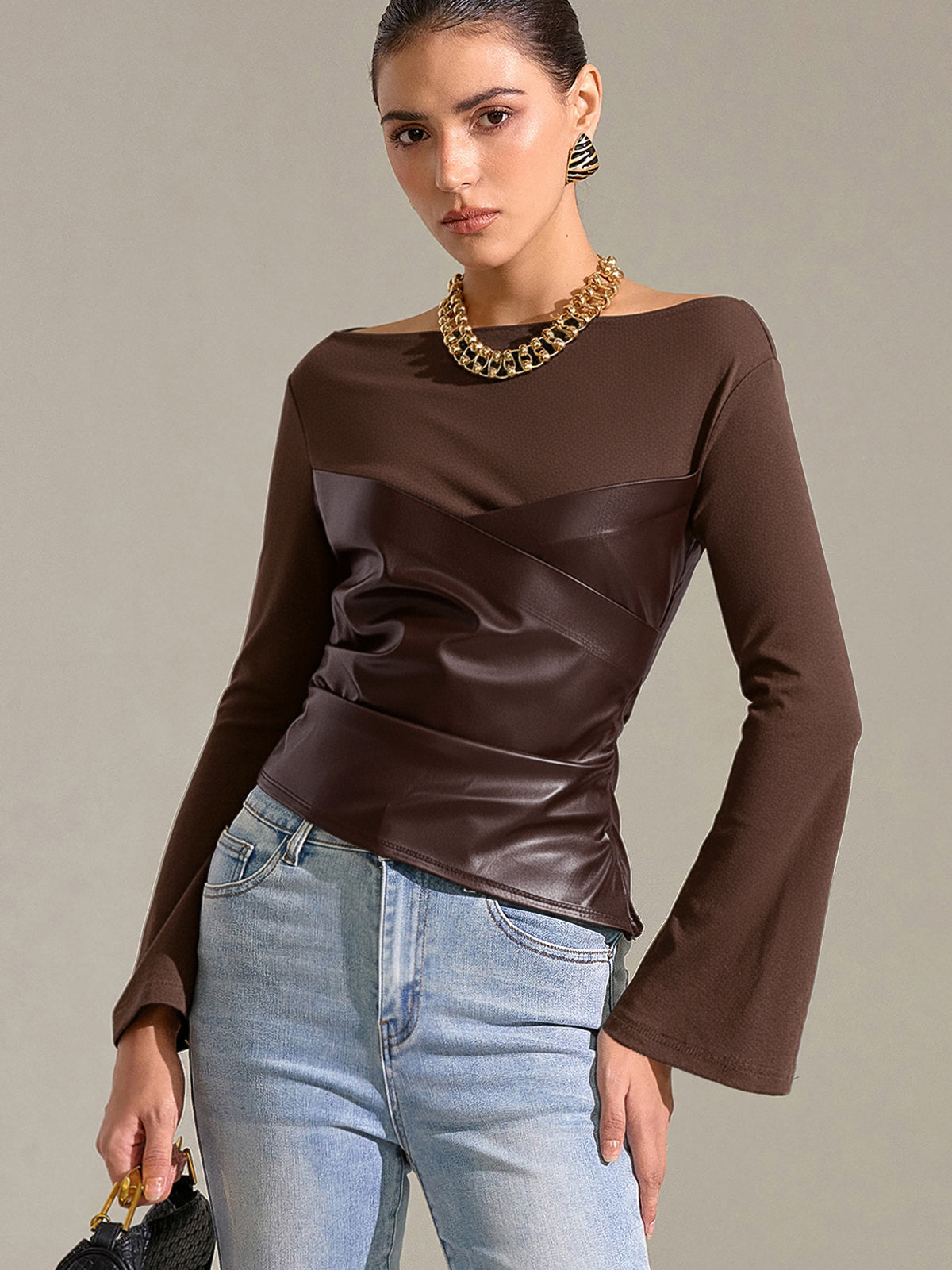 Flared Sleeve Faux Leather Panel Knit Top-Chicvia