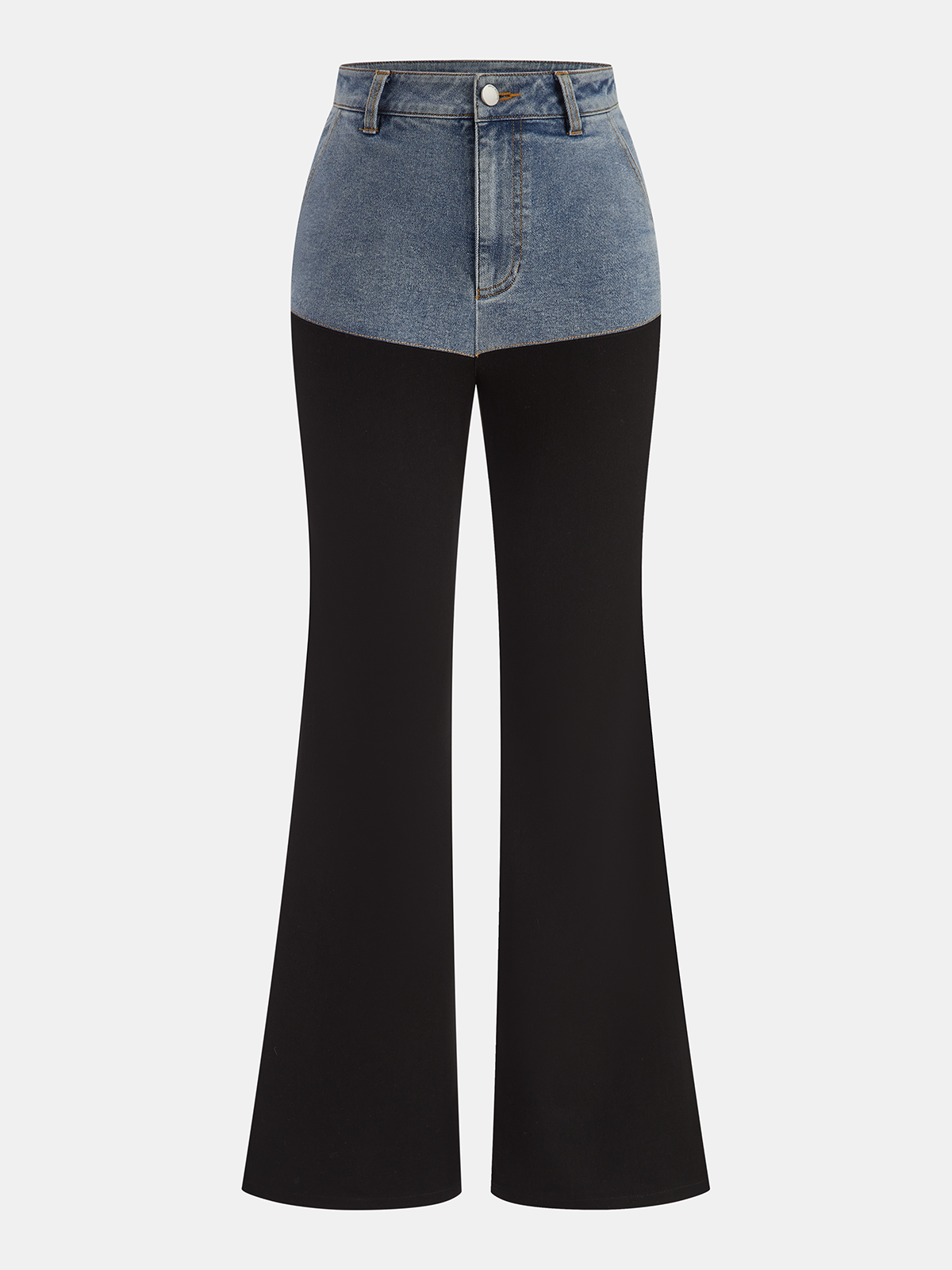 Mid-Waist Denim Panel Flared Pants-Chicvia