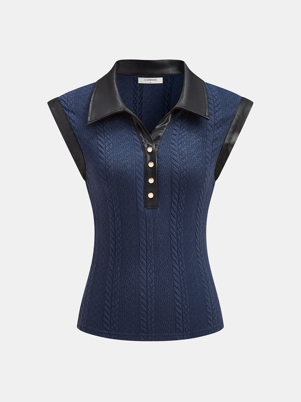 Faux Leather Panel Cable Knit Sleeveless Polo Top-Chicvia