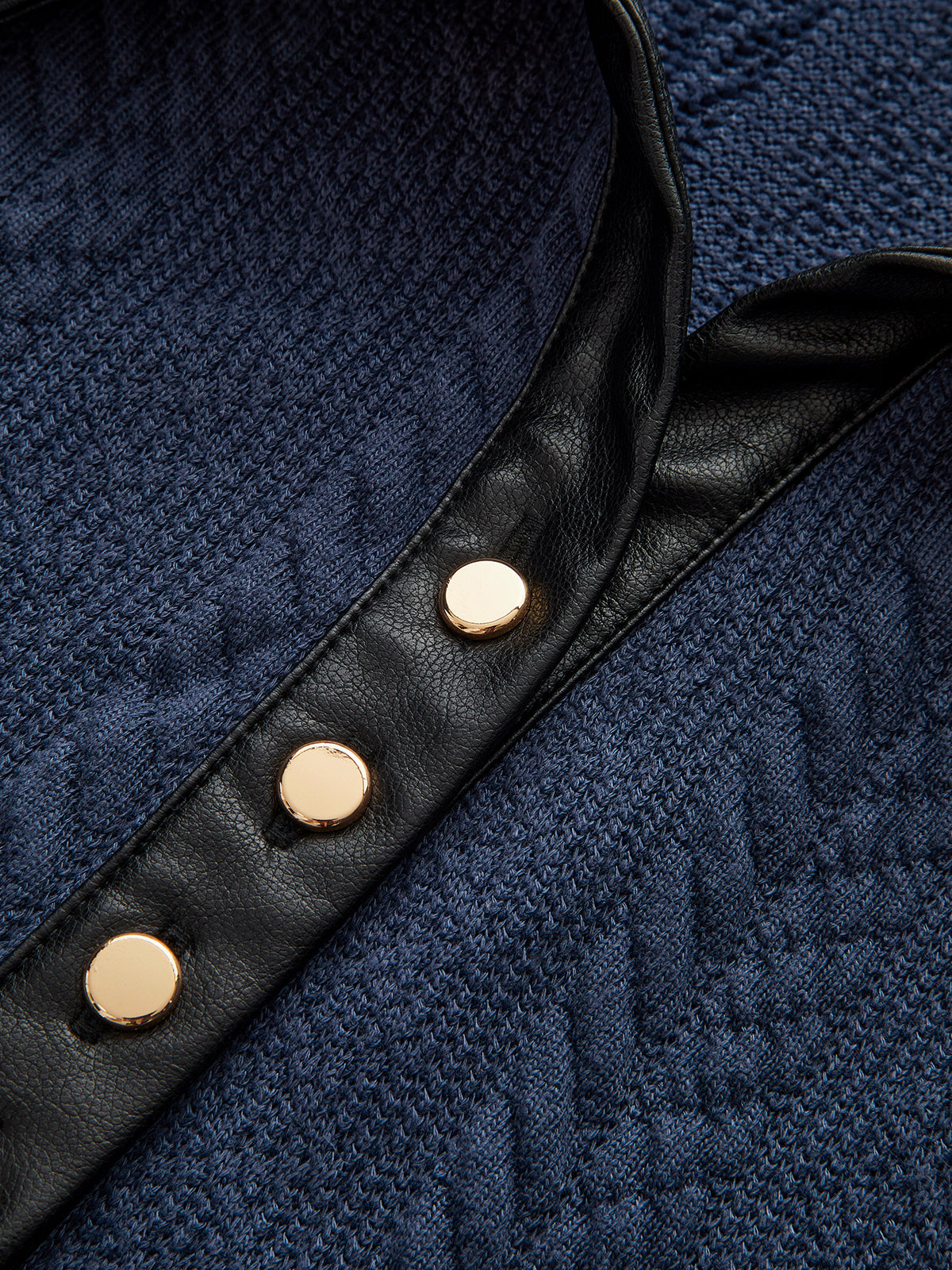 Faux Leather Panel Cable Knit Sleeveless Polo Top-Chicvia