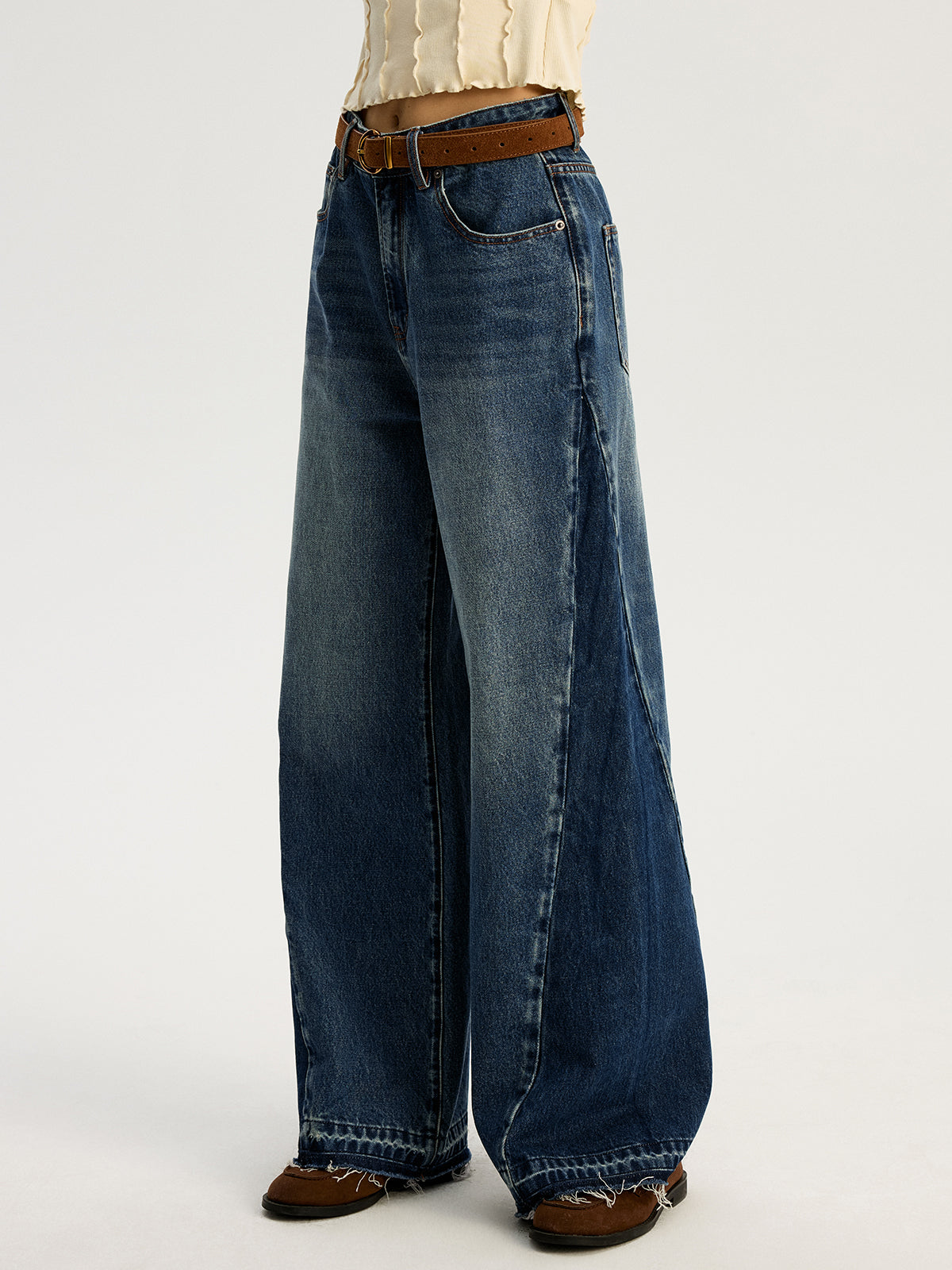 Low Rise Two Tone Ultra Wide Leg Jeans-Chicvia