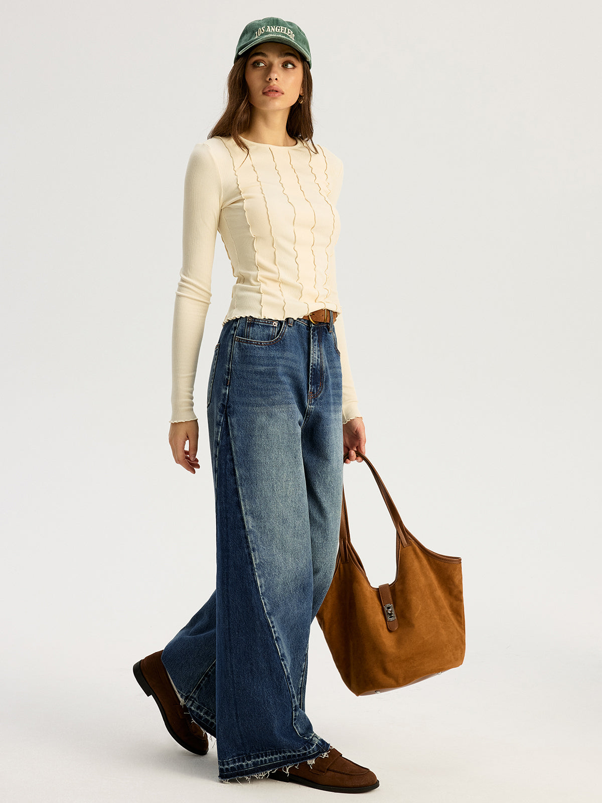 Low Rise Two Tone Ultra Wide Leg Jeans-Chicvia