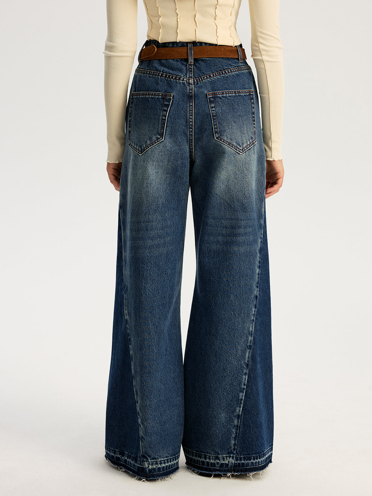 Low Rise Two Tone Ultra Wide Leg Jeans-Chicvia