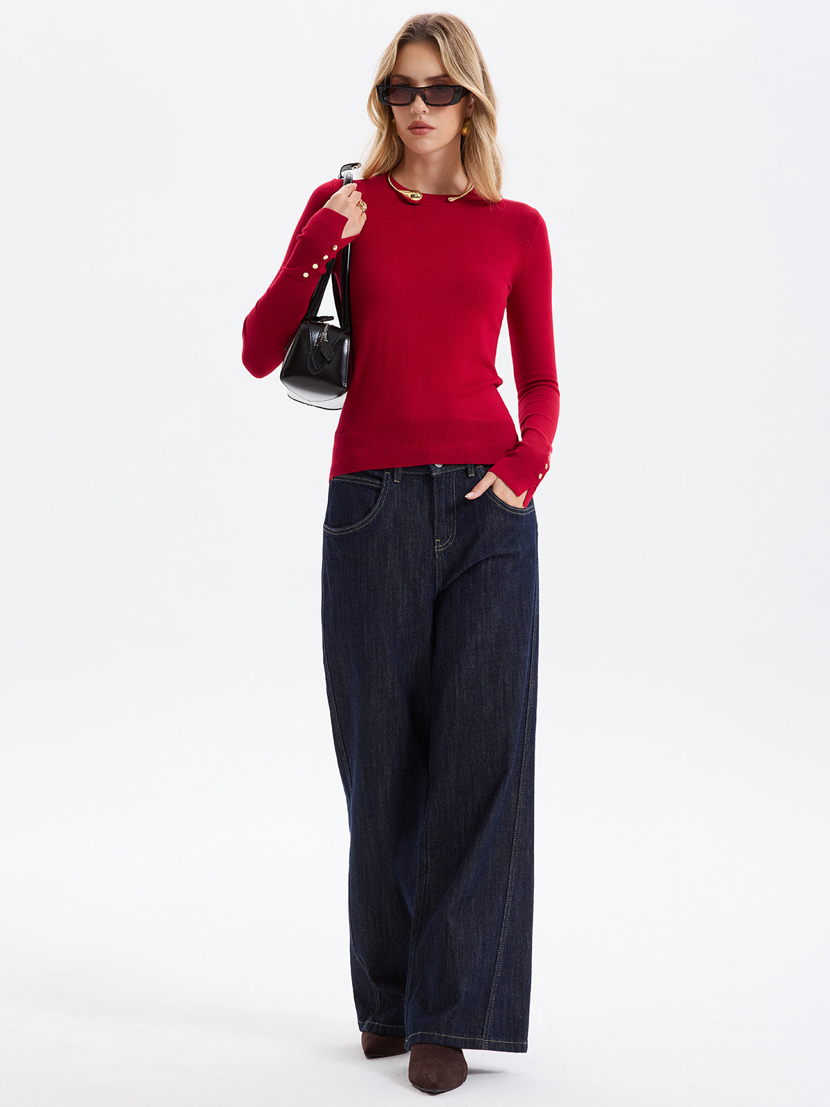 Button-Cuff Wool-Blend Knit Sweater-Chicvia