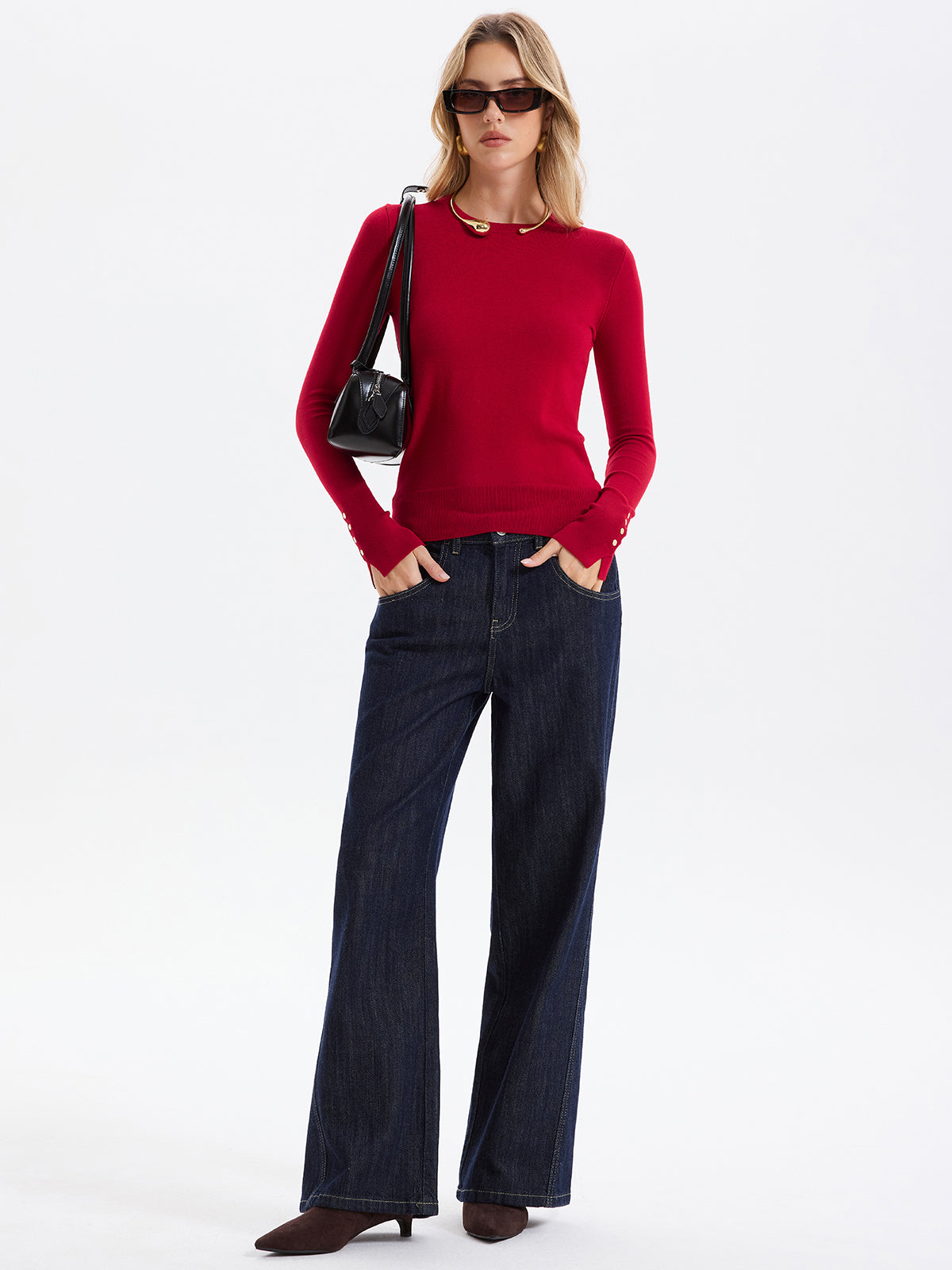 Button-Cuff Wool-Blend Knit Sweater-Chicvia