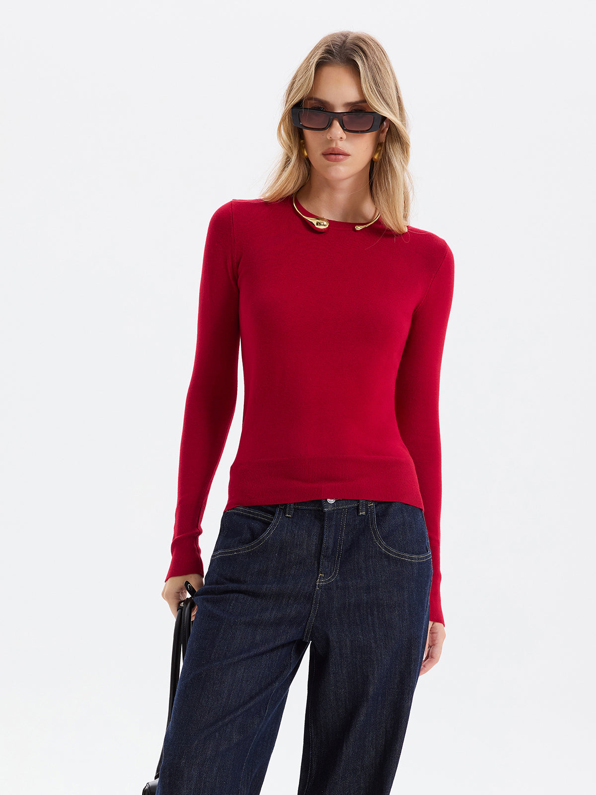 Button-Cuff Wool-Blend Knit Sweater-Chicvia