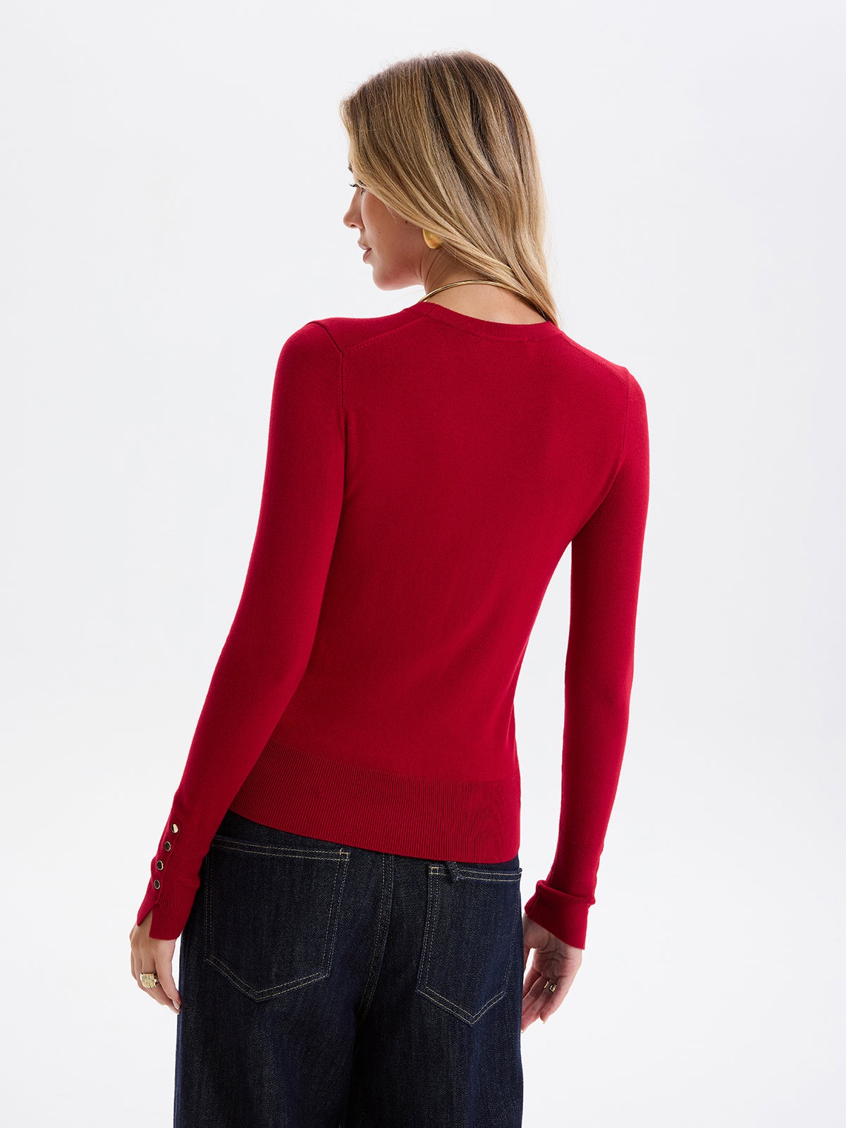 Button-Cuff Wool-Blend Knit Sweater-Chicvia