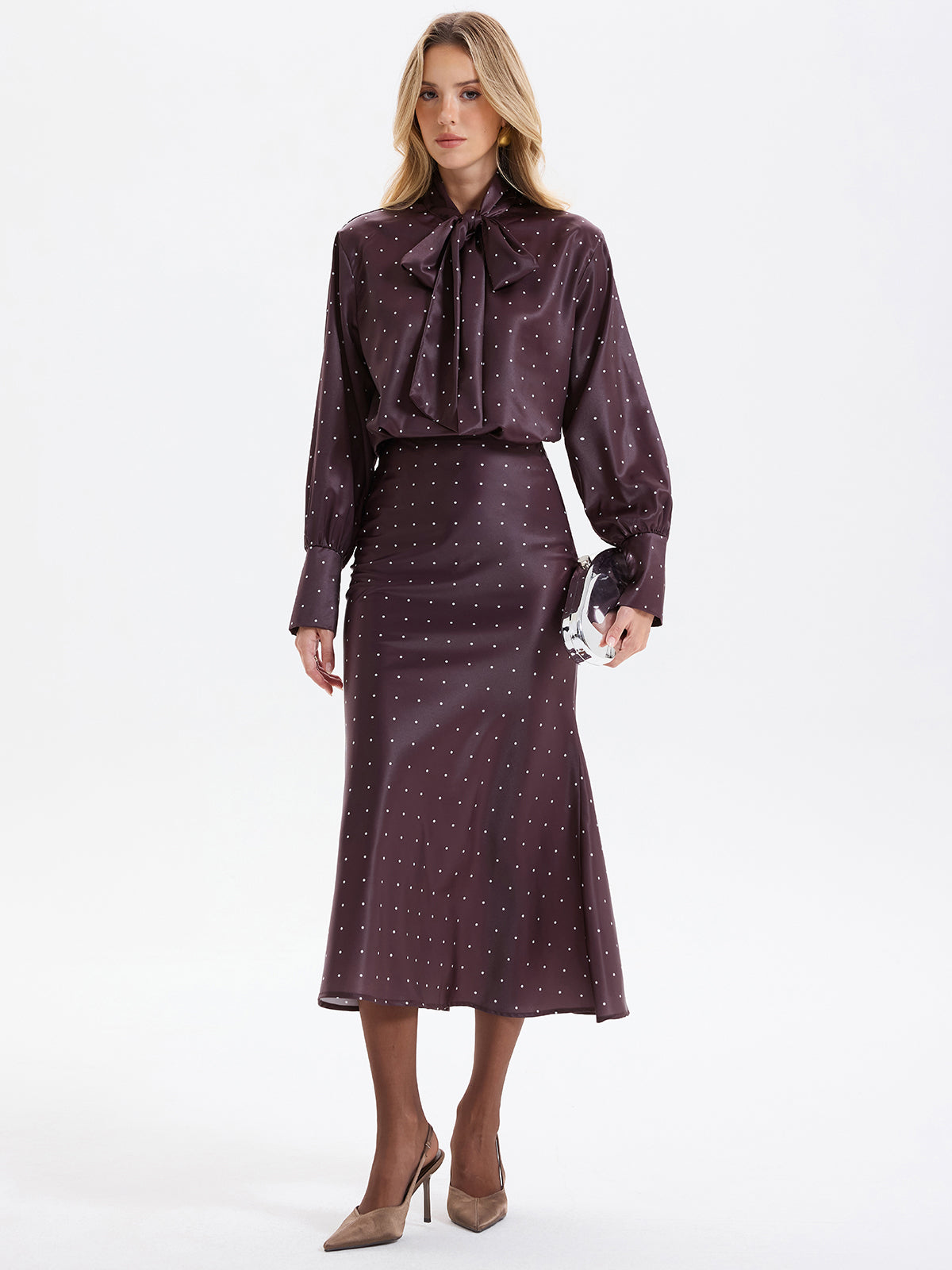 Polka Dot Bow-Tie Blouse and Midi Skirt set-Chicvia