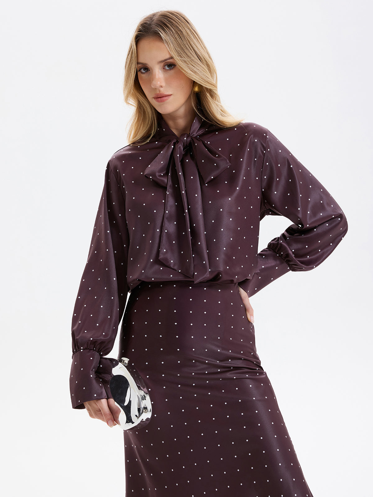 Polka Dot Bow-Tie Blouse and Midi Skirt set-Chicvia