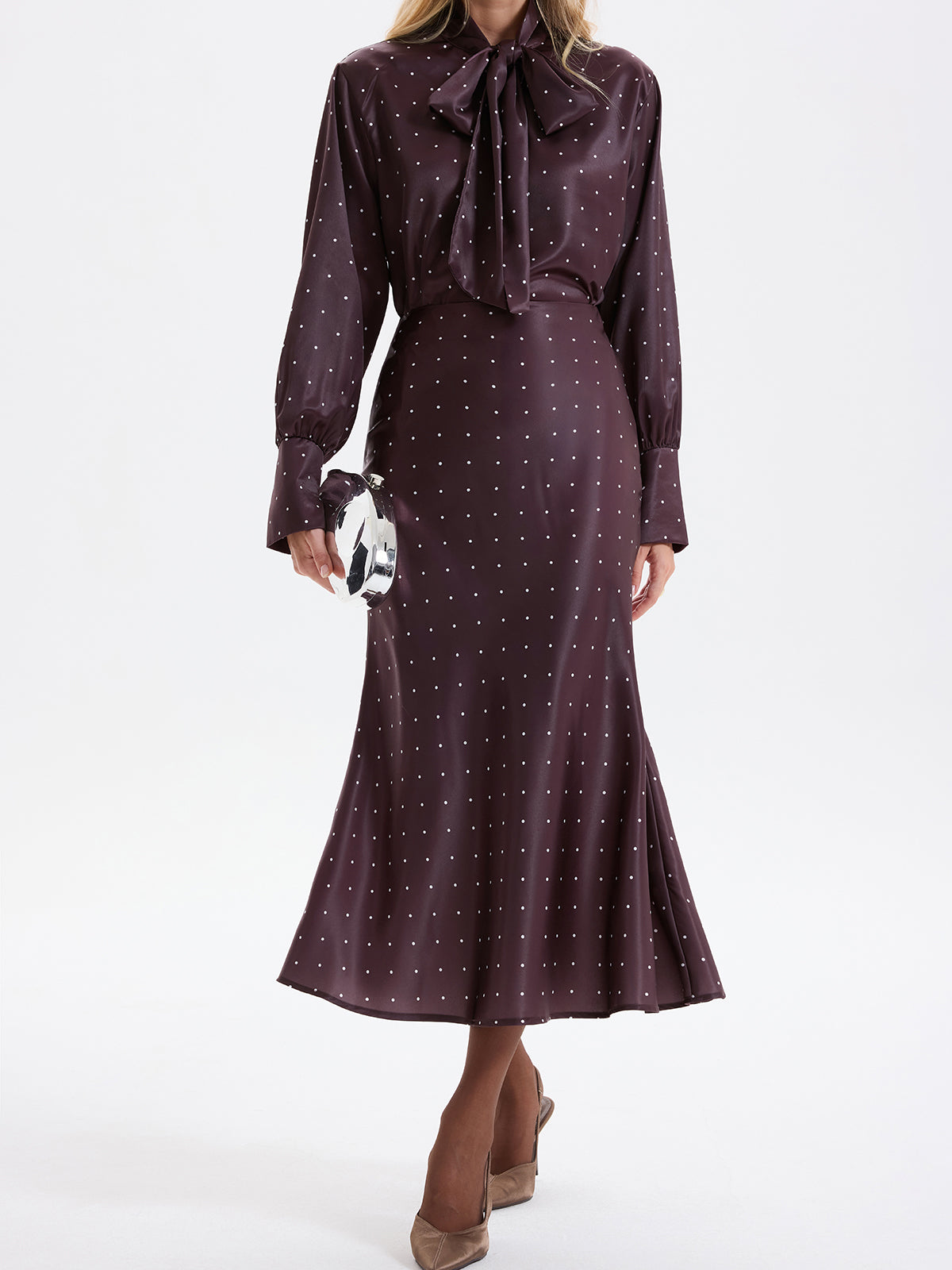 Polka Dot Bow-Tie Blouse and Midi Skirt set-Chicvia