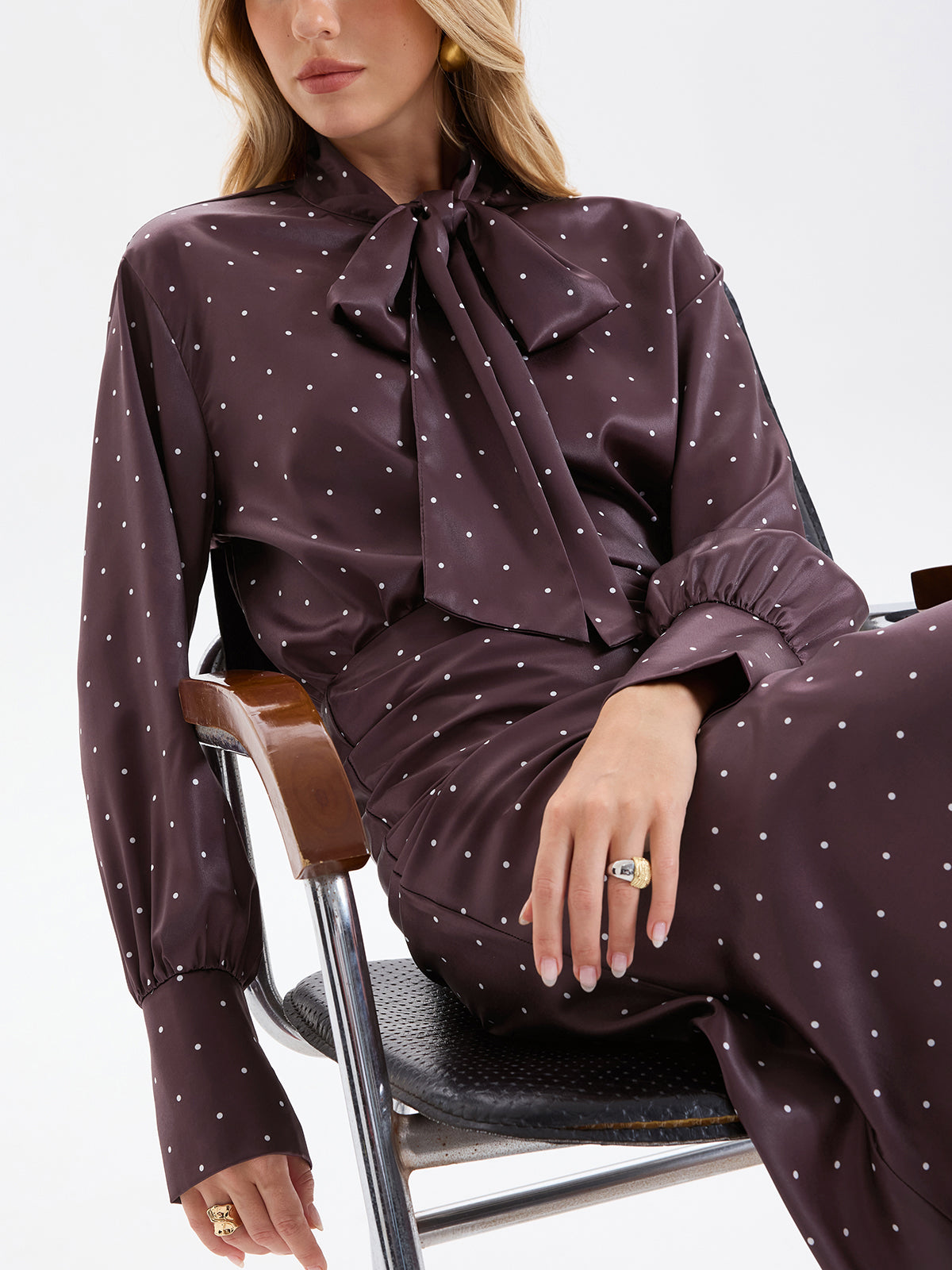 Polka Dot Bow-Tie Blouse and Midi Skirt set-Chicvia