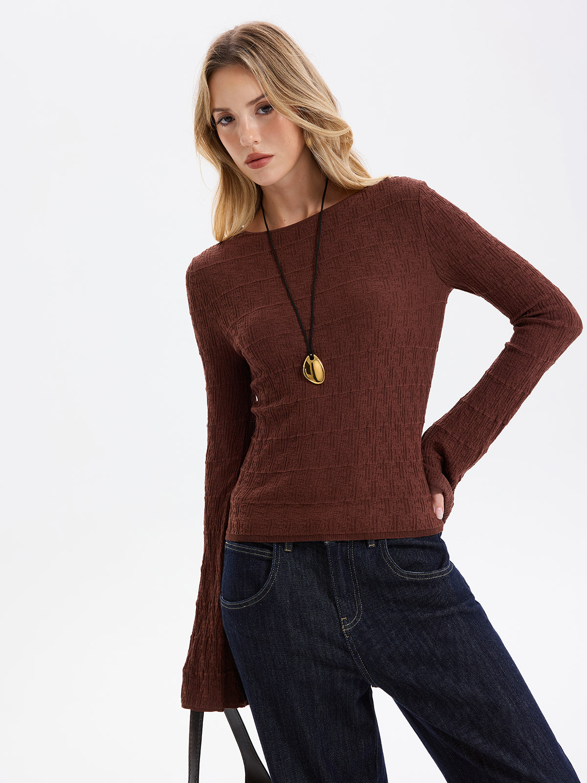 Flared Sleeve Textured Knit Pullover Top-Chicvia